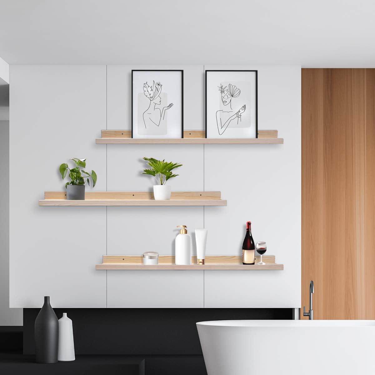 AZSKY 48 Inch Large Wood Floating Shelves for Wall Set of 3, Rustic Natural Picture Ledge Shelf Decor for Bedroom Kitchen Bathroom Living Room Nursery Display, 3 Same Sizes