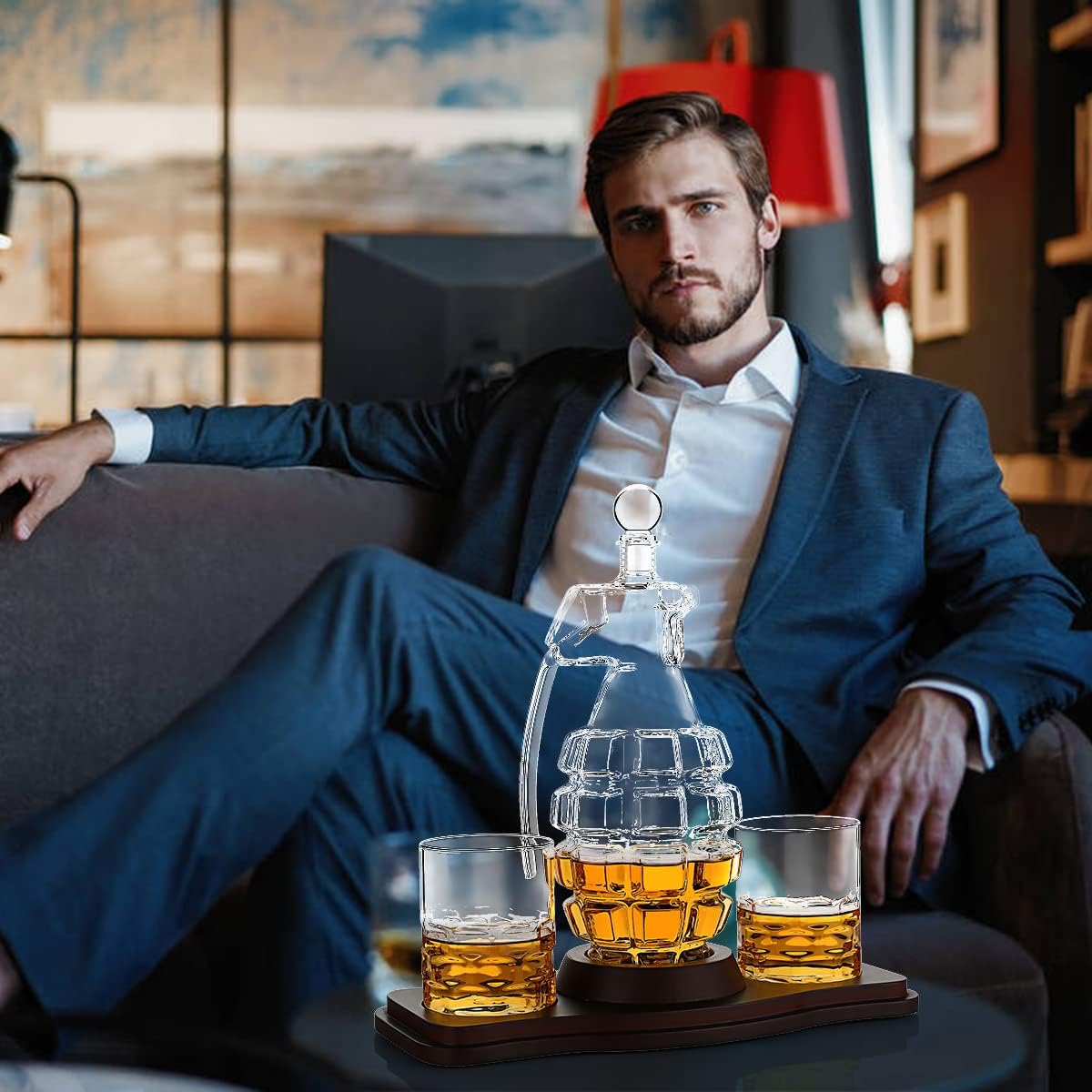 Whiskey Decanter Set Grenade Shaped Liquor Decanter Set with 2 Glasses - Scotch Bourbon Drinking Gift for Men&Women Dad Husband Boyfriend Brother Anniversary Birthday Christmas House Warming Present