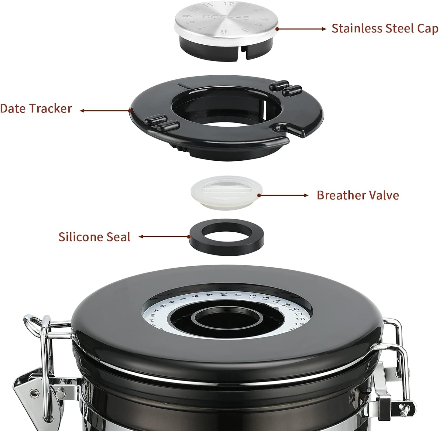 malmo Coffee Canister, Airtight Coffee Container with Date Tracker Lid, Stainless Steel Canister for Kitchen Food Storage (Black-Copper, 22oz with 1/4 Cup)
