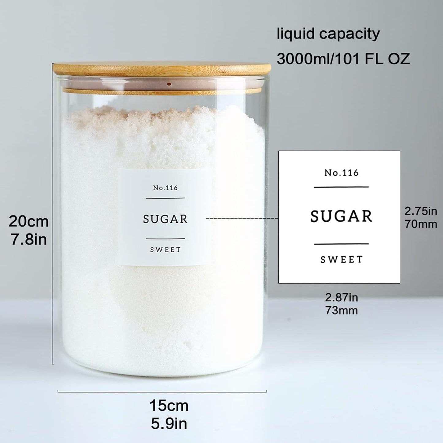 Large Glass Flour and Sugar Containers Jars with Bamboo Airtight Lid - 100 Fl Oz (3000ml) with Kitchen 42 Pantry Labels for Dry Food, Flour, Pasta, Cereal