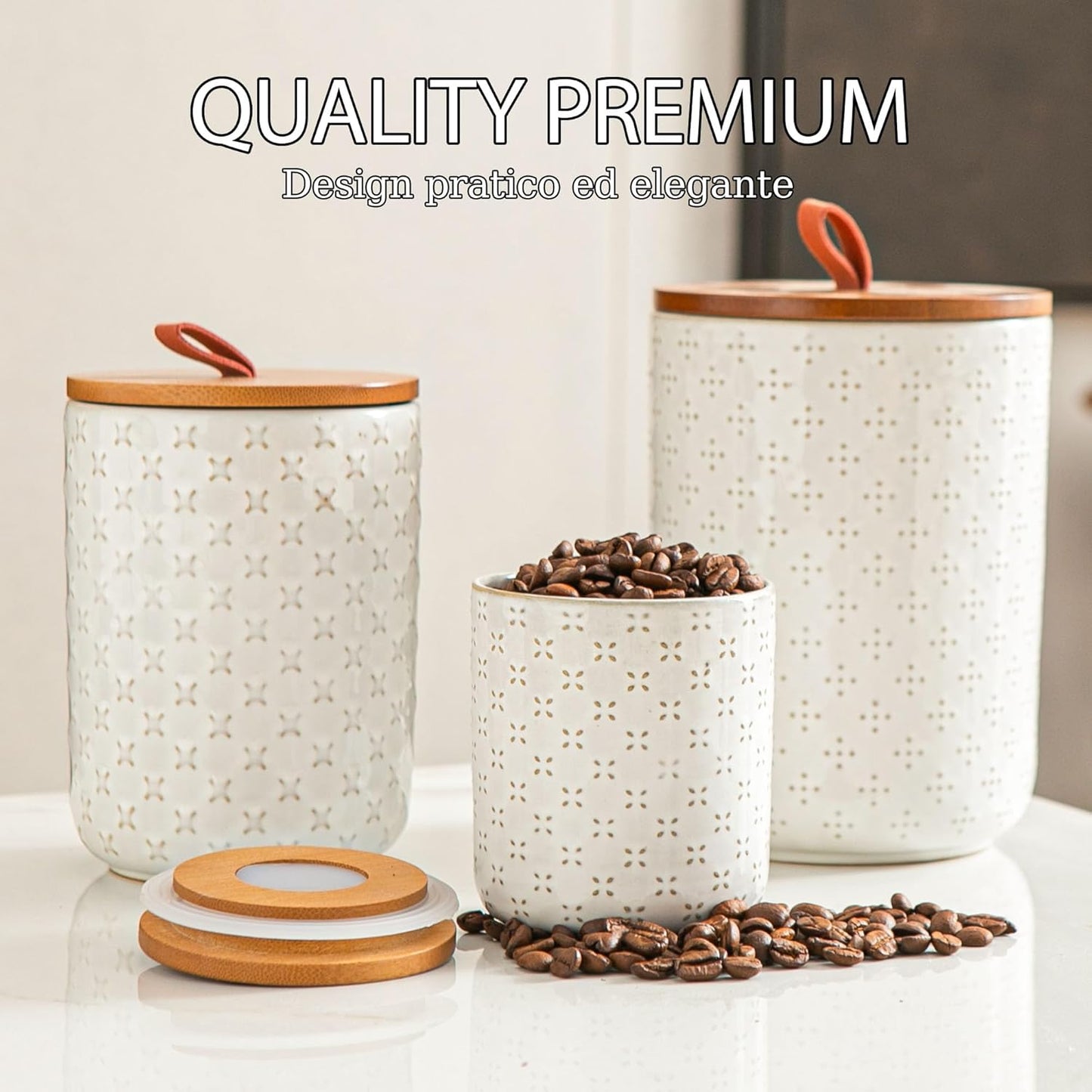 JOJUNO White Ceramic Canister Set with Wooden Lids – 3-Piece Airtight Food Storage Jars for Kitchen, Embossed Design, Small/Medium/Large Sizes (12/30/48 oz) – Flour, Sugar, Coffee, Tea Containers