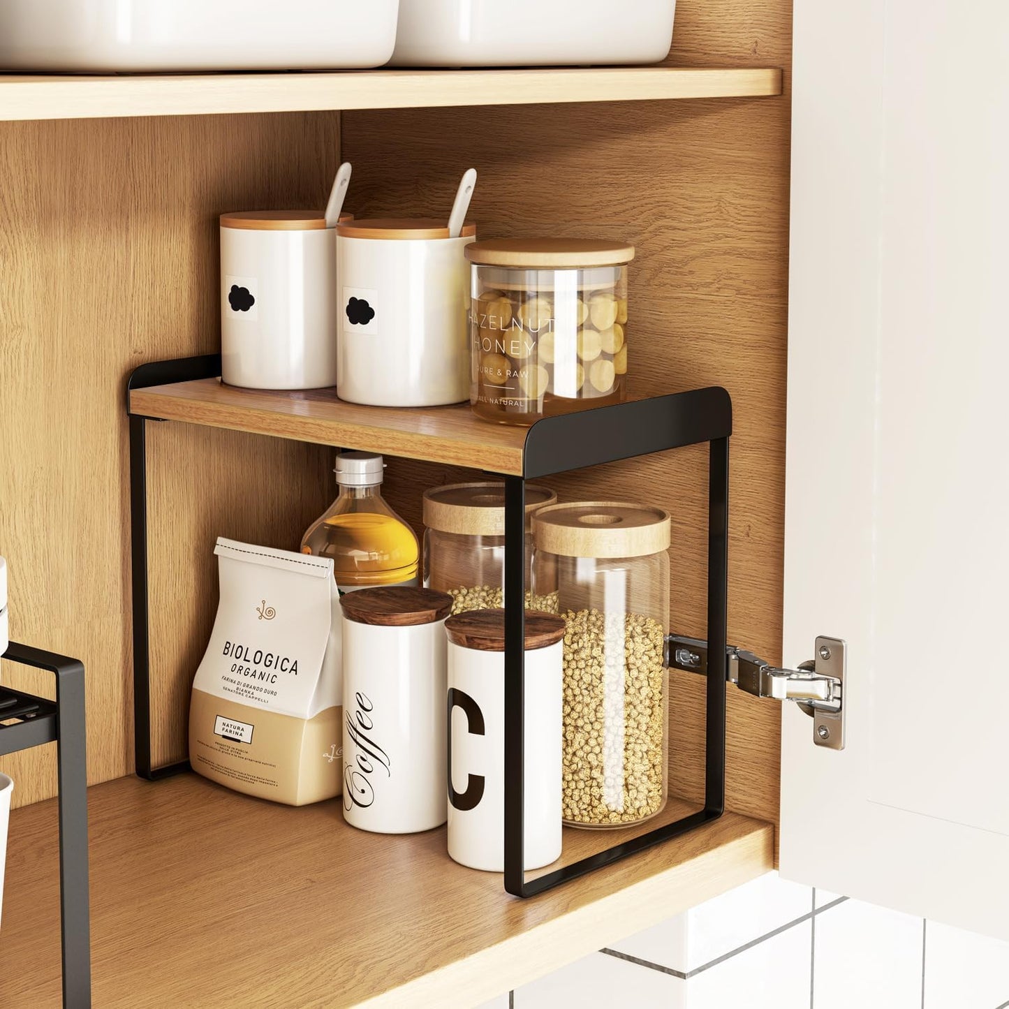 Mitus Shelf Organizer and Storage, Tiered Wood Cabinet Rack for The Kitchen Counter, Bathroom Counter, Pantry Cupboard, Office Desk Bookshelf, 16" Wide Natural and Black (Large)