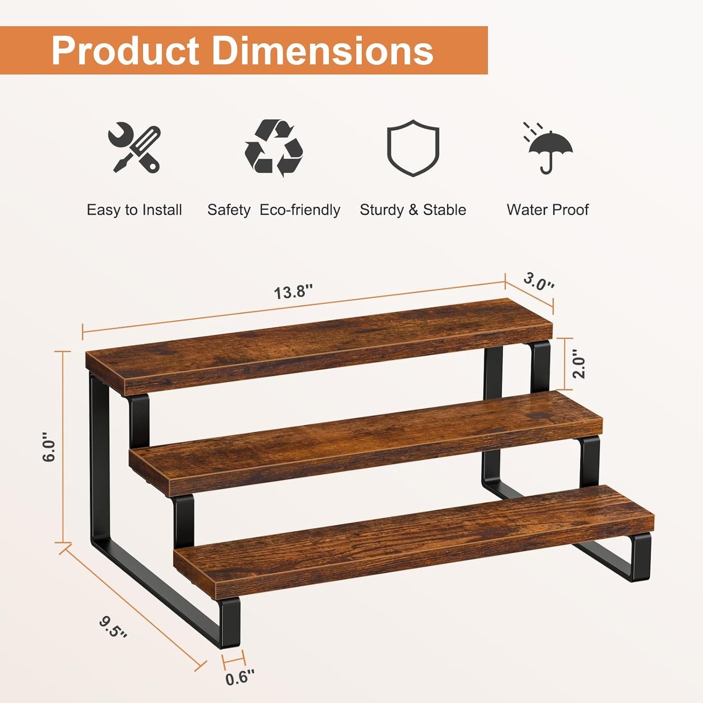 Giikin 3-Tier Spice Rack, 13.8 Inch Wood Countertop Spice Storage Holder, Kitchen Pantry Cabinet Organizer Cupboard for Spice Bottles, Jars, Seasonings, Baking Supplies, Metal Frame(Set of 2)
