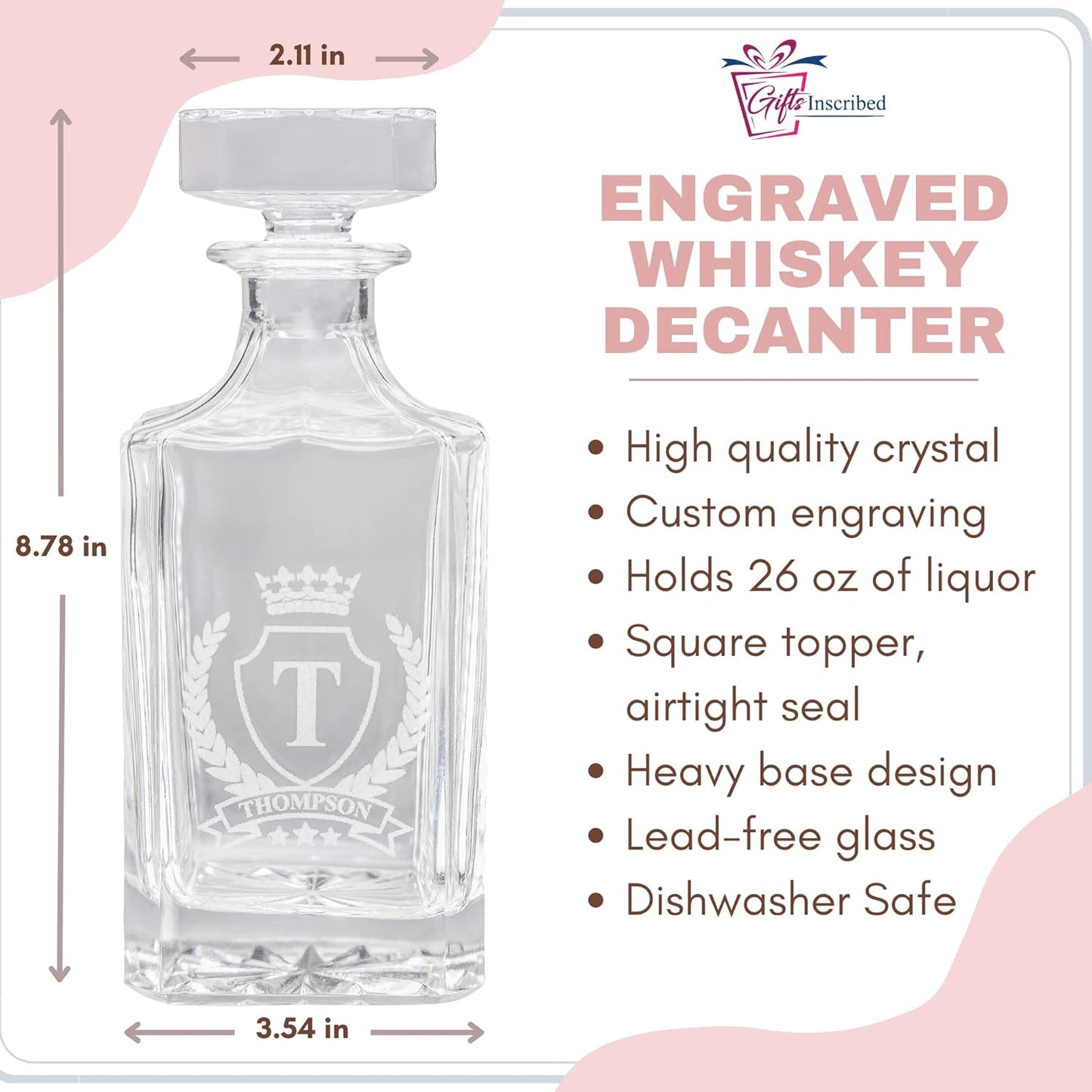 Gifts Inscribed Personalized Whiskey Decanter Set - Engraved Whiskey Decanter Bottle & Set of 4 Custom Drinking Glasses Laser Etched - Customized Whisky Gift for Wedding, Birthday, Fathers Day