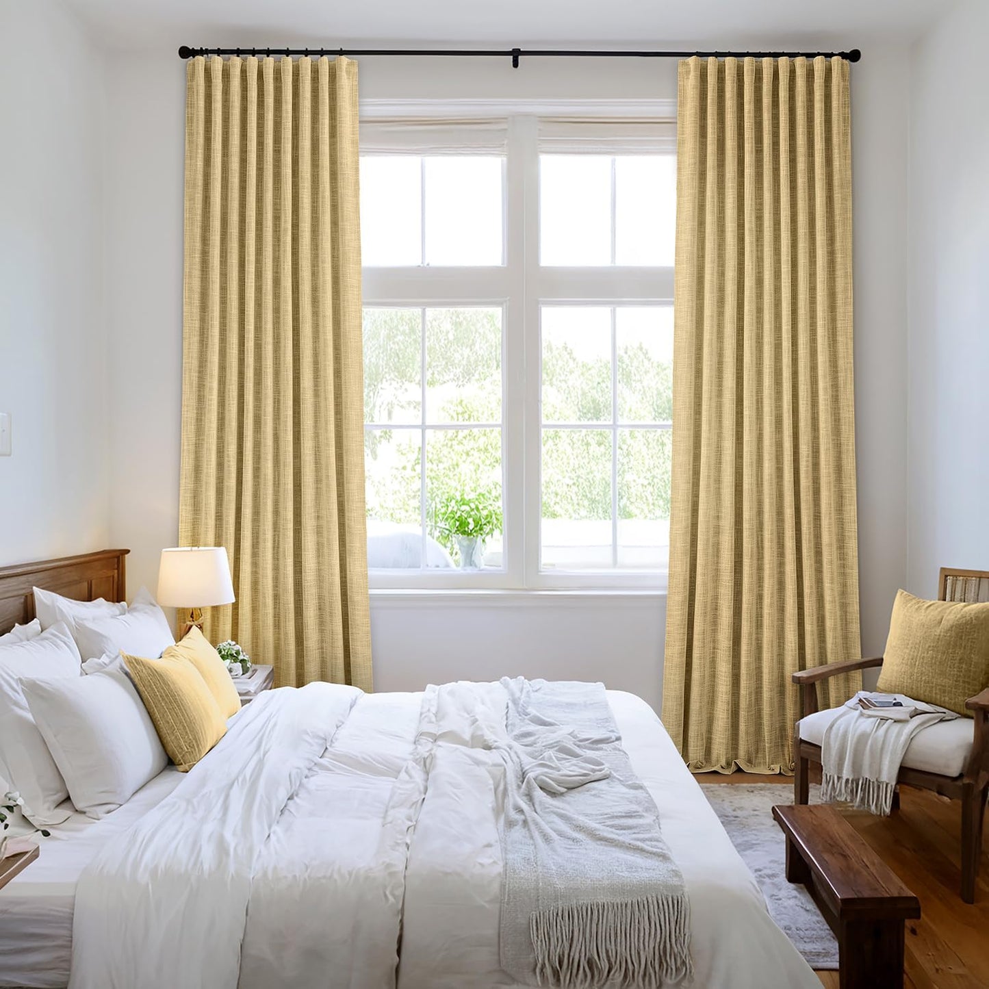 MIULEE Yellow 100% Blackout Linen Curtains 96 Inch 2 Panels Set Double Sided No Coating Pinch Pleated Back Tab Floor to Ceiling Black Out Thermal Insulated Bedroom Living Room Darkening Window Drapes