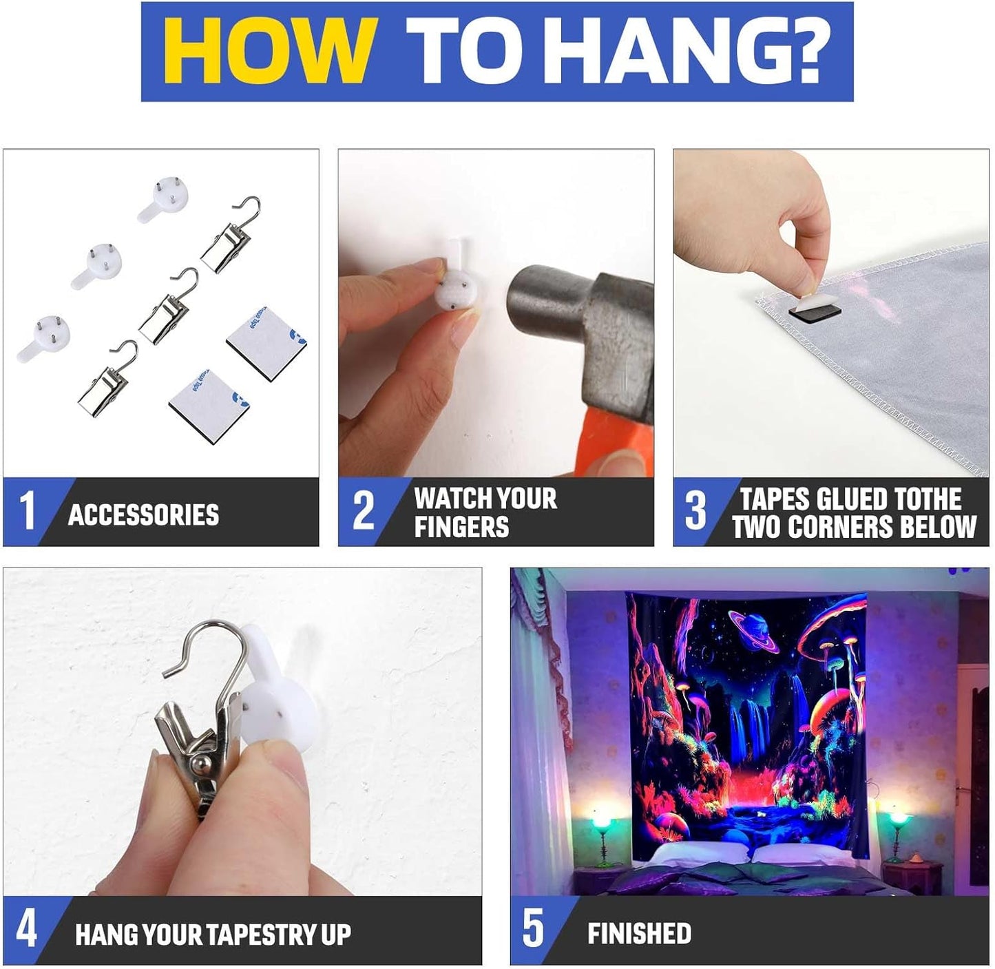 ADDWel Blacklight Mushroom Planet Tapestry, Black Fantastic Tapestry Glow In The Dark, UV Reactive Black Light Posters Wall Hanging for Bedroom Dorm Living Room Backdrop Decor