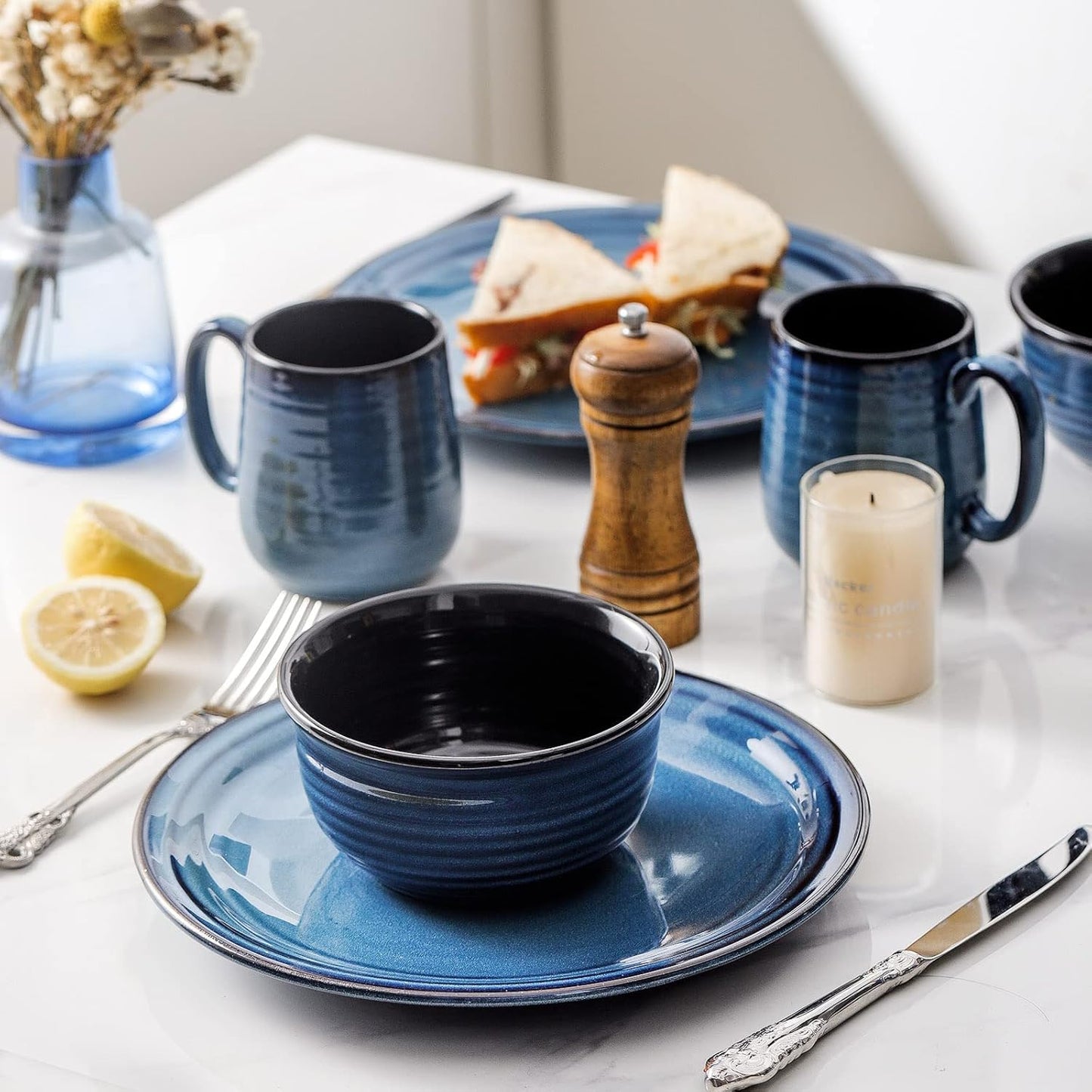 Hasense Coffee Mug Set of 4, 12 Ounce Ceramic Coffee Cups with Handle, Large Mug Set for Coffee, Tea, Chocolate, Modern Mug Gift for Men and women, Dishwasher & Microwave Safe(Blue)