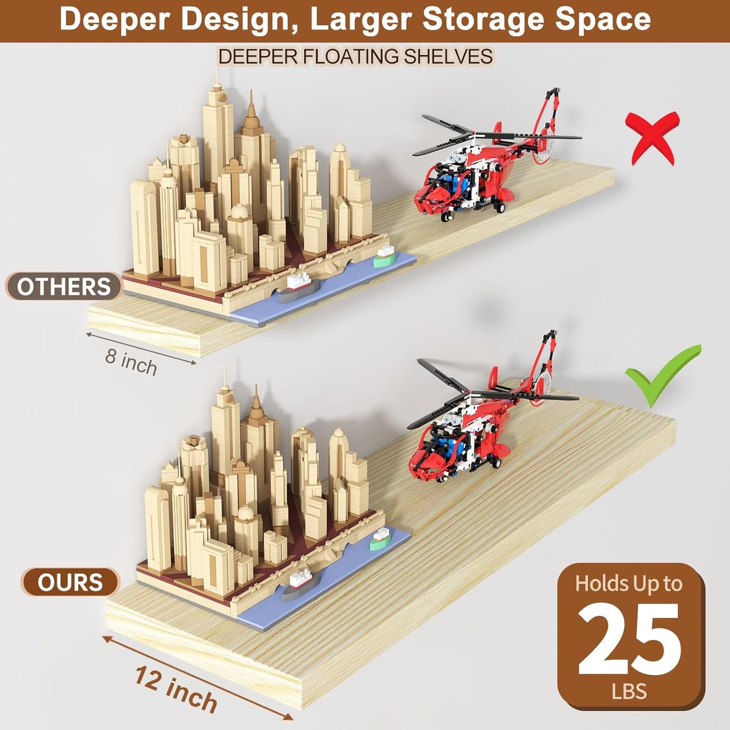 12 Inch Deep Floating Shelves for Wall 2 Pack Floating Shelves Large Storage Space Wall Mount Shelf for Living Room Kitchen Bathroom 24" W x 12" D x 1.2" H Oak
