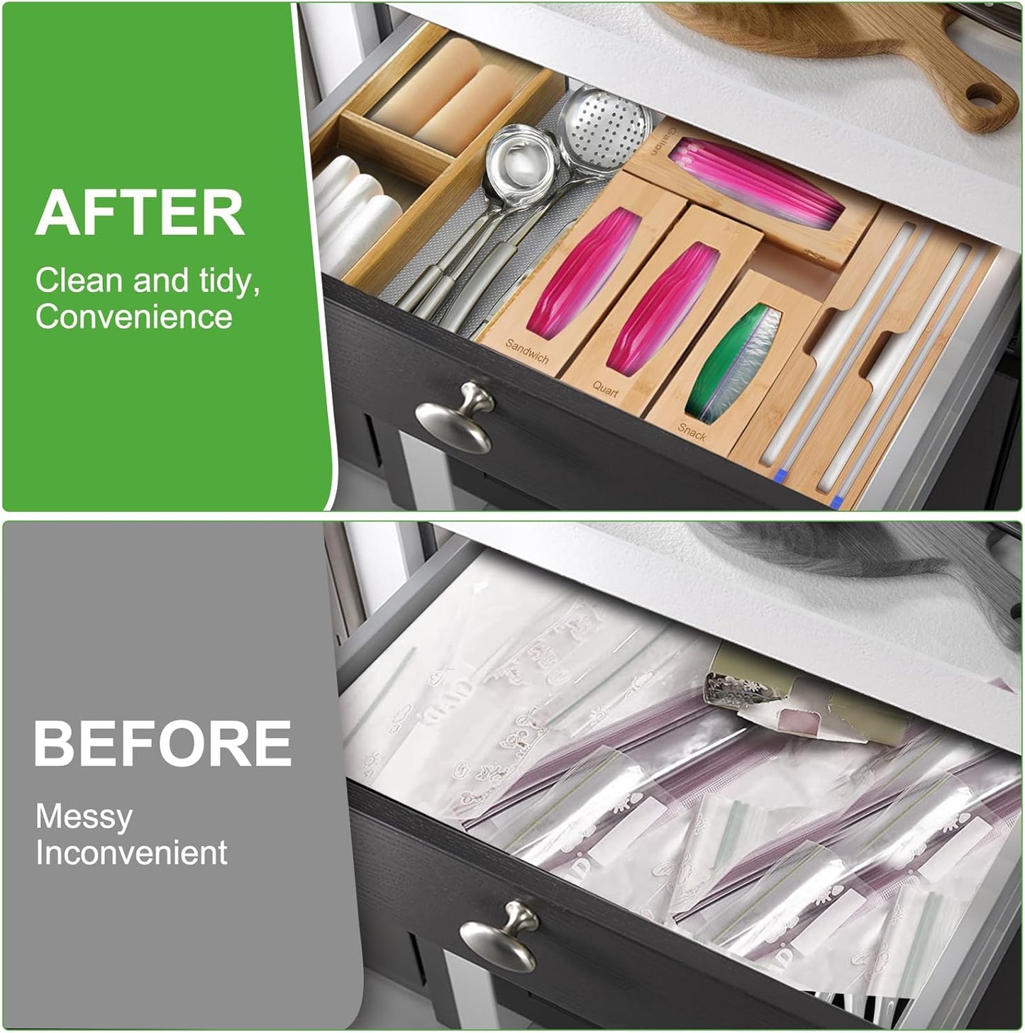 Individual Storage Bag Organizer for Kitchen Drawer, Bamboo with Foil and Plastic Wrap Organizer for Kitchen Organizers and Storage, for Gallon, Quart, Sandwich, Snack