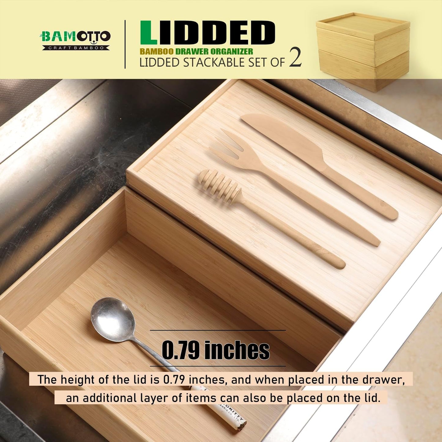 Stackable Bamboo Drawer Organizer Set – 2 Boxes with 1 Lid | Wood-Laminated Trays for Kitchen Utensils, Silverware & Flatware – Storage Fits Cabinets, Pantry, Bathroom & Office | 10.2"x7.3" (2-Pack)