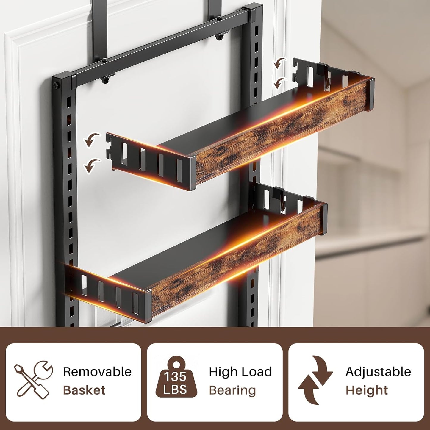 6 Tier Over The Door Pantry Organizer, 2 IN 1 Wall Mount or Metal Hanging Spice Rack for Pantry Organizers and Storage, Seasoning Shelves,Adjustable Basket with Hooks for Kitchen, Bathroom,Laundry