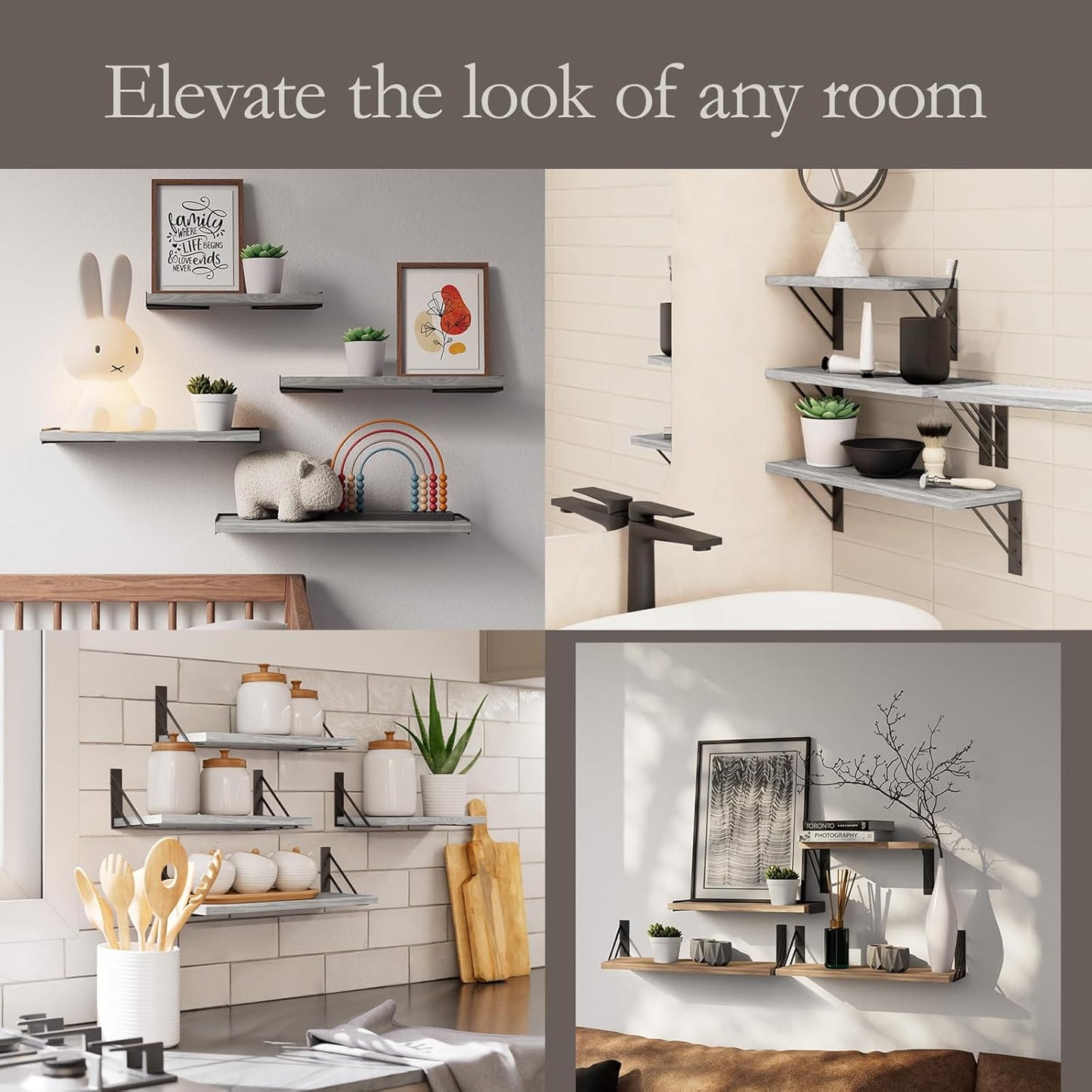BAYKA Wall Shelves for Bedroom Decor, Floating Wall Shelves for Living Room Kitchen Storage, Wall Mounted Rustic Wood Floating Shelves for Kids Books, Corner Shelf for Bathroom(Gray White,Set of 4)