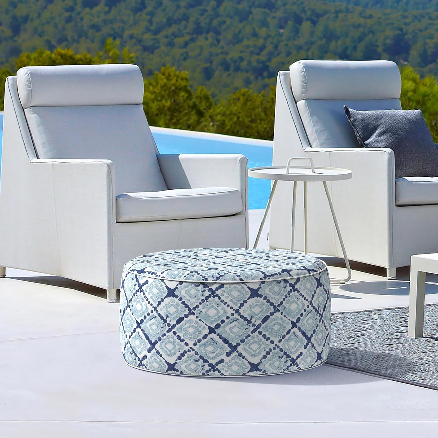 LVTXIII Outdoor Inflatable Ottoman, Fade-Resistant Round Footrest Stool D31”x H14”, Portable Patio Pouf for Garden Camping or Home Use, Boho Geometry Blue