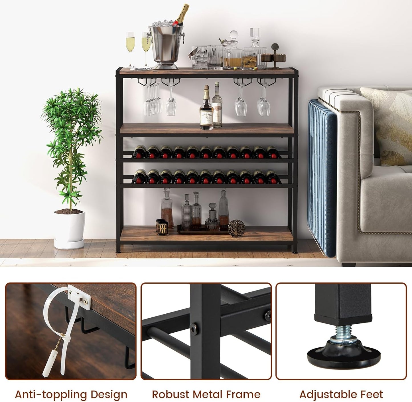 GOFLAME Industrial Wine Rack Table, Wine Bar Cabinet with 2-Tier Wine Rack, 4 Row Glass Holder and Storage Shelves, Freestanding Floor Liquor Storage Stand for Kitchen, Dining Room, Rustic Brown