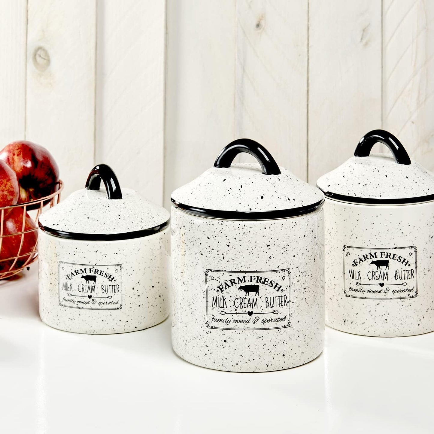 American Atelier Canister Set 3-Piece Ceramic Jars in Small, Medium, Large with Airtight Lids for Cookies, Candy, Coffee, Flour, Sugar, Rice, Pasta, Cereal & More (Farm Fresh)