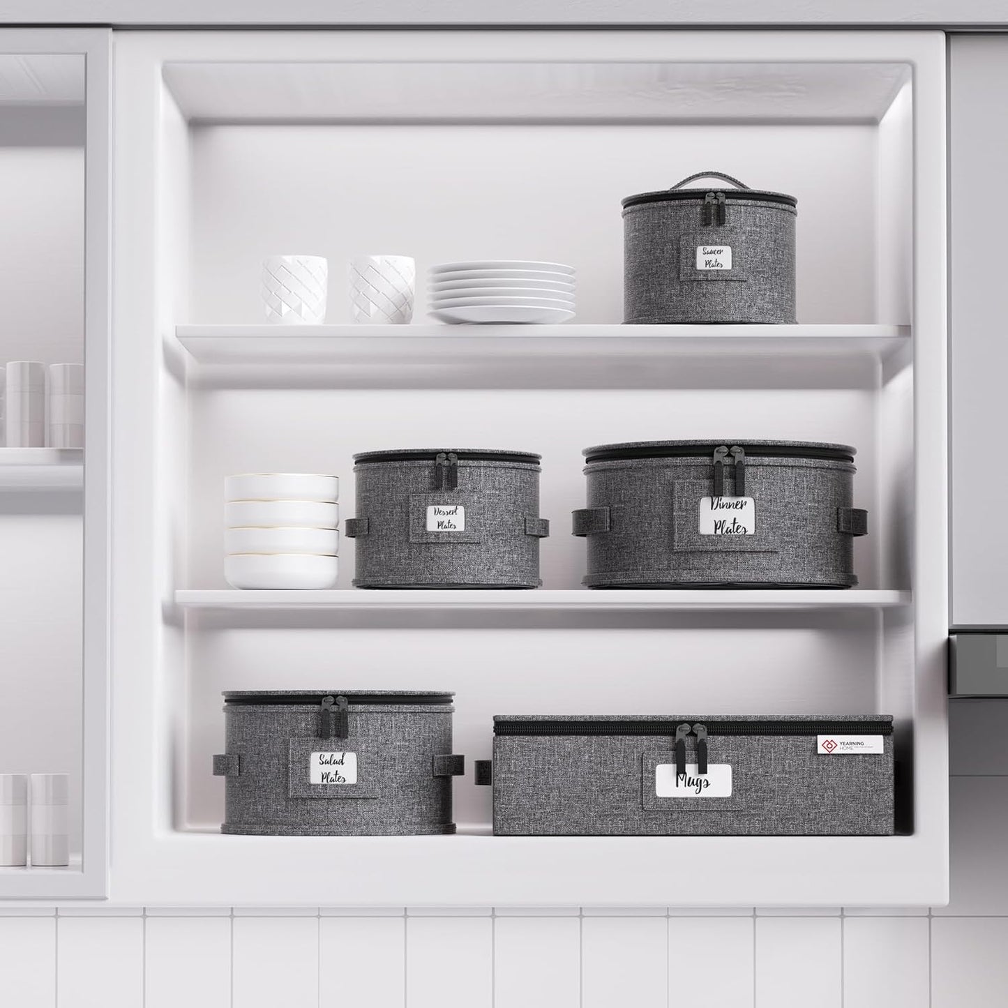 YearningHome China Storage Containers,Hard Shell Box with Felt Dividers for Dishes,Dinnerware,Plates,Mugs,Wine and Glasses,Mugs,Stackable Fine China Storage for Moving and Packing 5 Piece,Grey