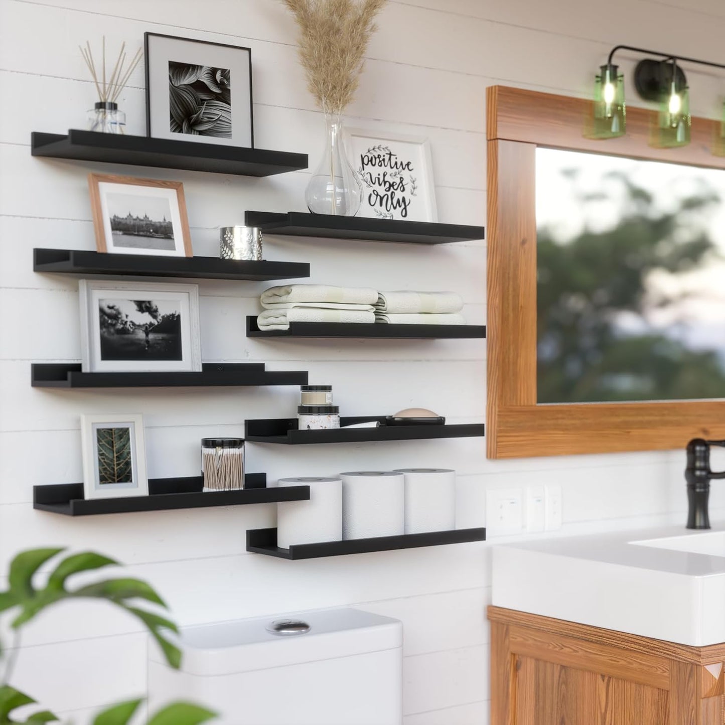 RICHER HOUSE Floating Wall Mounted Shelves, 8pc Set with Lip - Black Nursery Book Shelves for Bedroom, Bathroom, Kitchen Decor Storage