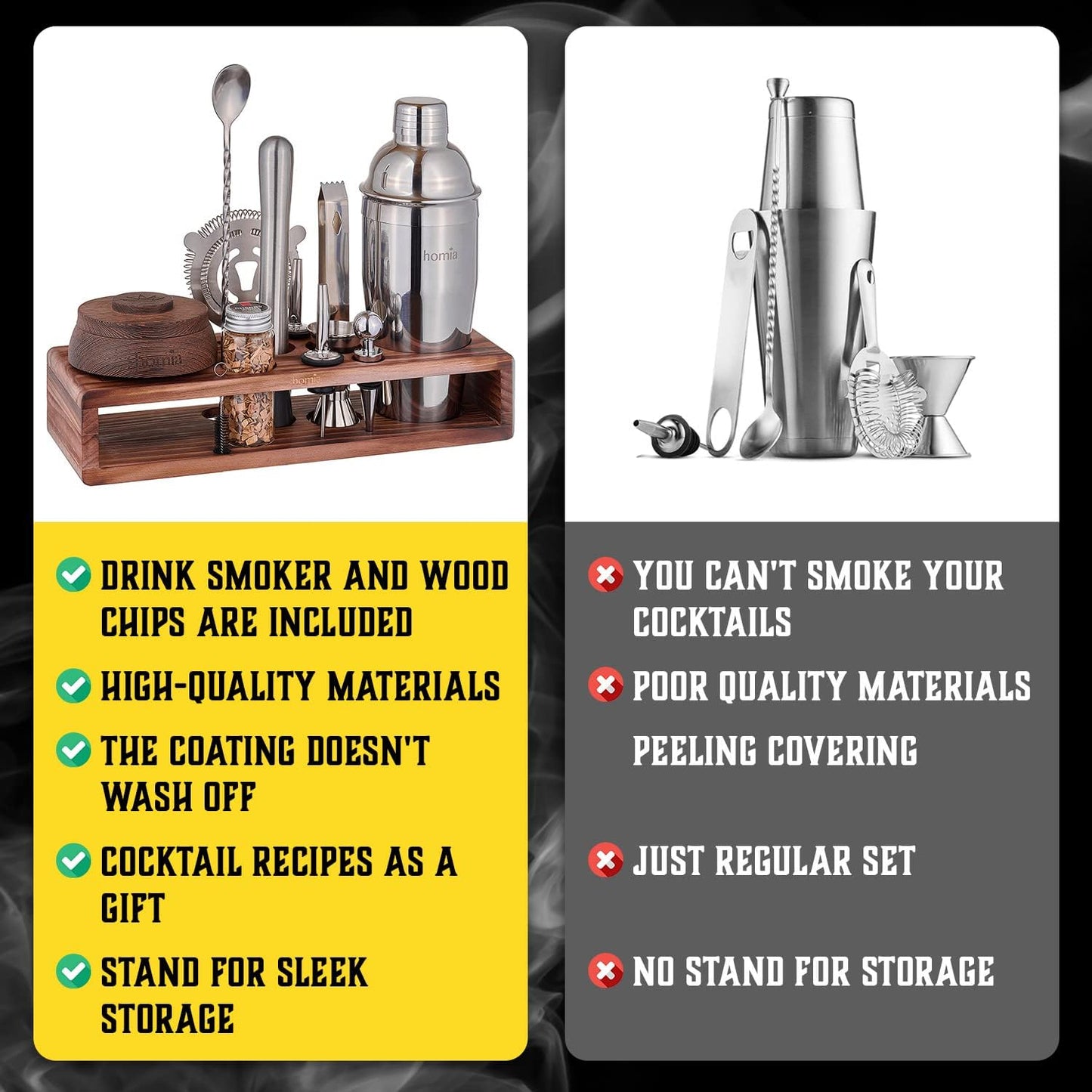 Bartender Kit with Whiskey Smoker - 13 pcs, Pine Stand - Bar Set with Cocktail Shaker, Bartending Kit with Essential Bar Accessory Tools, Wood Chips, Steel