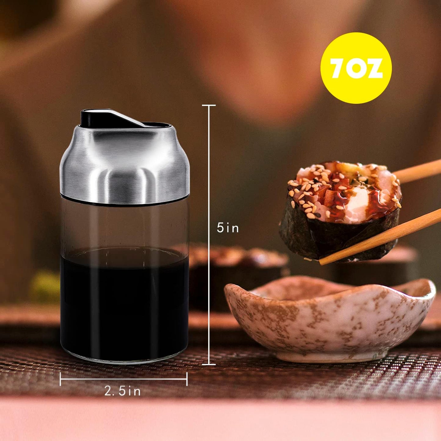 Aelga Soy Sauce Dispenser, 7oz Non-Drip Spout Oil and Vinegar Dispenser with Auto Flip Cap, Glass Oil Cruet for Kitchen Cooking