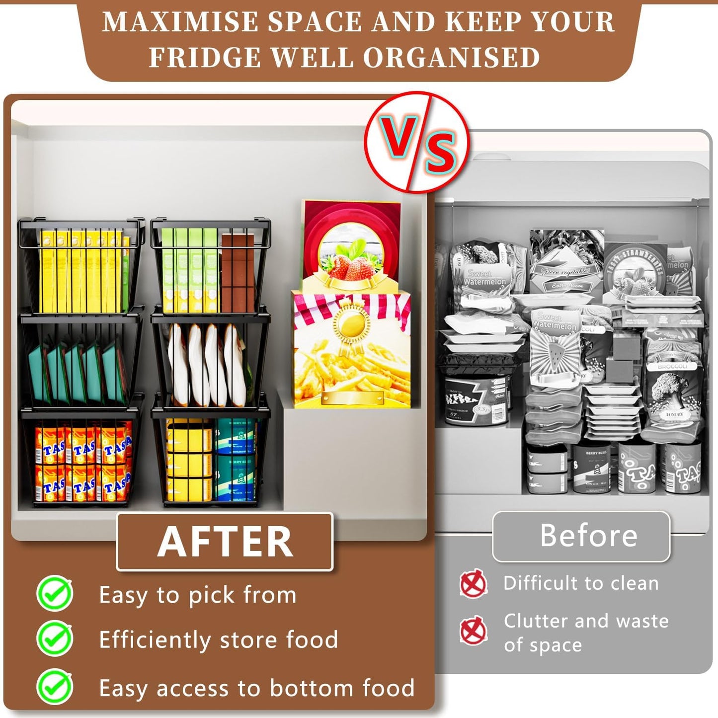 6 Pack Stackable Deep Freezer Organizer Bins ,Upgraded Bottom Leak-Proof net,Encryption and Hardening , Freezer Organizer Bins for 5 to 9 Cu.FT Small Chest Freezer, Easy Get Bottom Foods