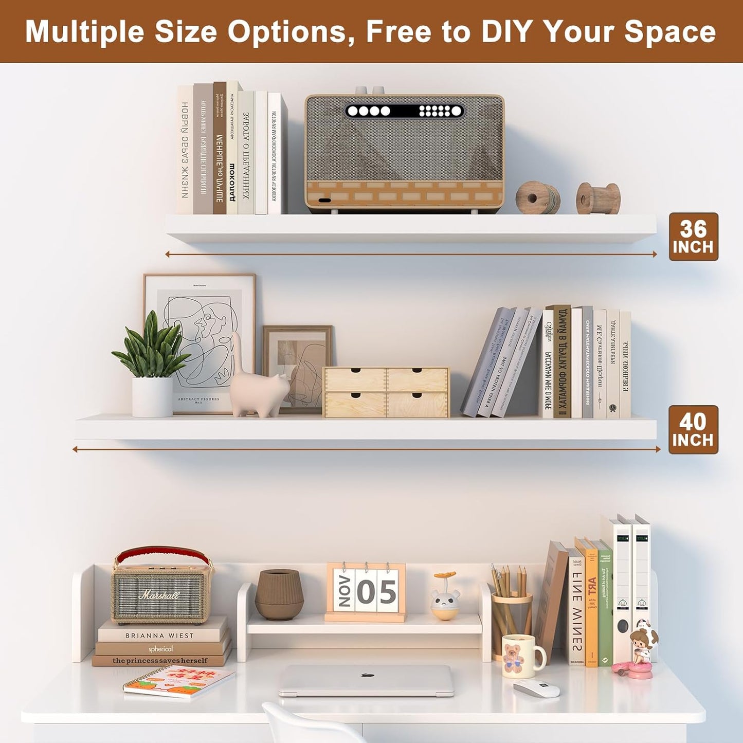 12 Inch Deep Floating Shelves for Wall 2 Pack White Floating Shelves Large Storage Space Wall Mount Shelf for Living Room Kitchen Bathroom 24" W x 12" D x 1.2" White