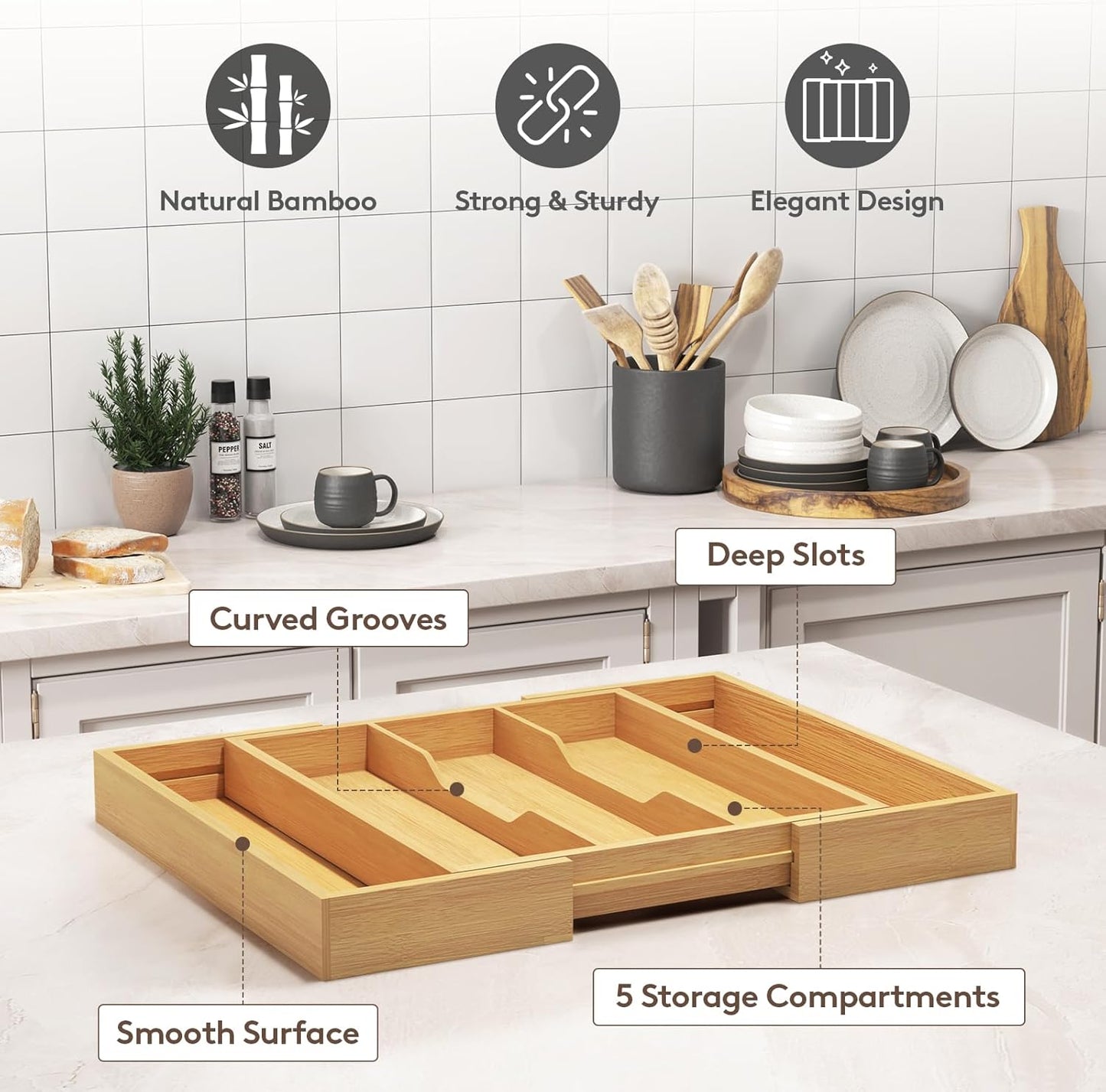 Lifewit Utensil Organizer for Kitchen Drawer, Expandable Cooking Utensil Tray, Bamboo Cutlery Silverware Flatware Holder, Adjustable Spatula Tools and Gadgets Storage Divider, Large, Natural