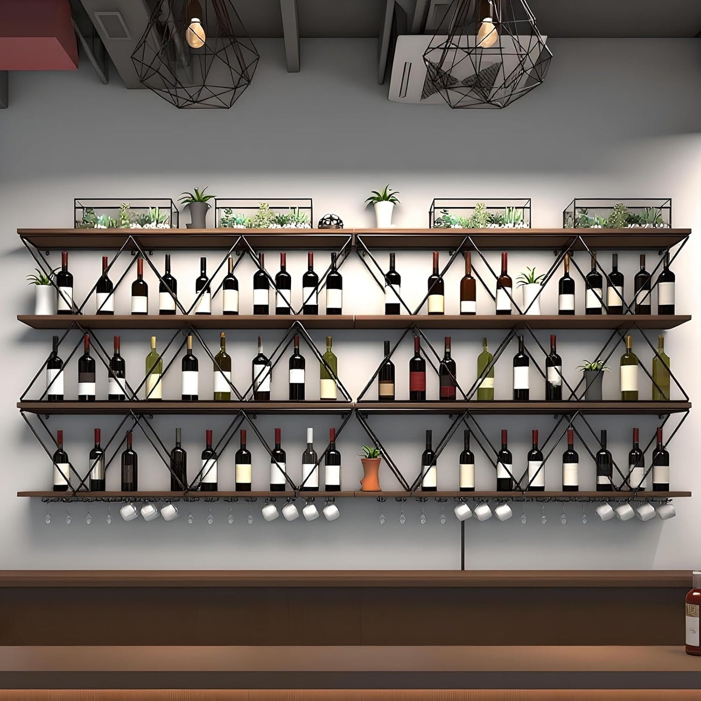59in Wine Rack Wall Mount with Glass Holder, 3-Tier Floating Wine Rack, Multi-Function Bar Wine Bottle Display Rack for Commercial Restaurants, Tea Rooms, Bars, Wine Cellars (black, 59.05in/150cm)