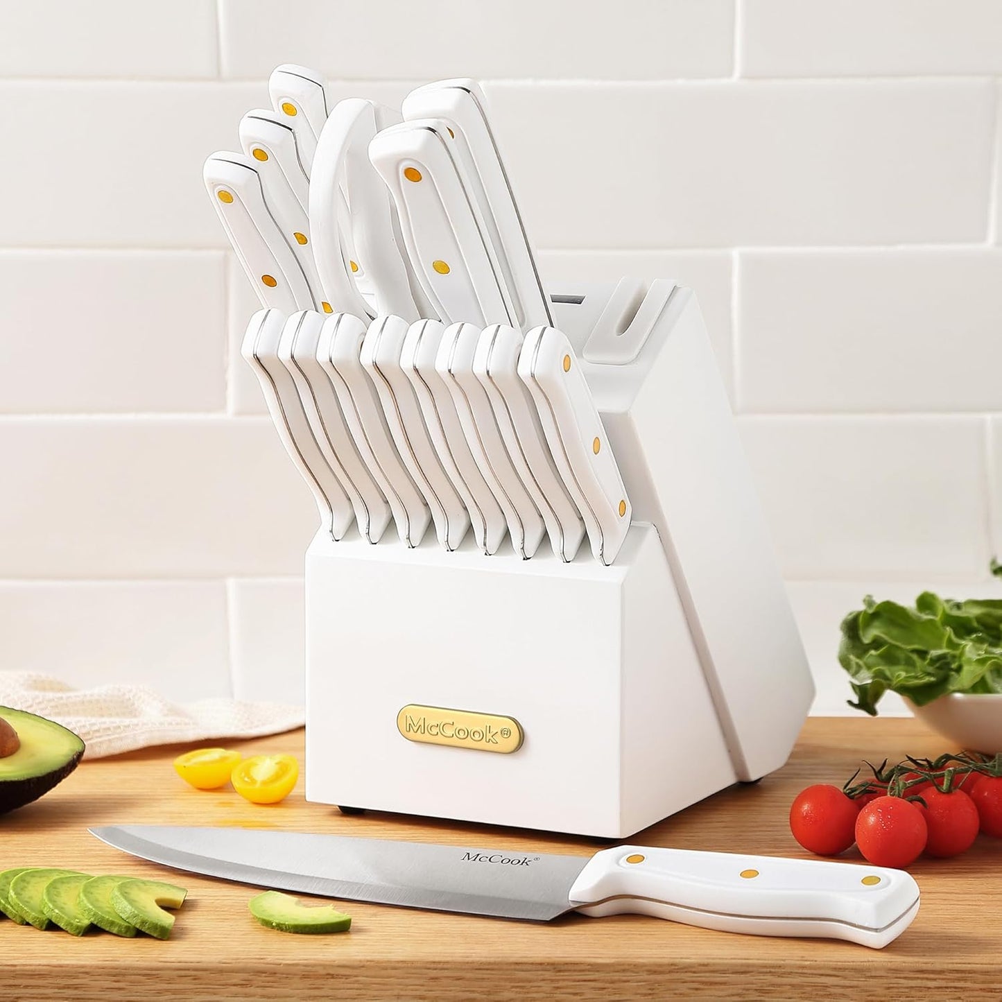McCook® Knife Sets, White High Carbon Stainless Steel Kitchen Knife Sets with with Built-in Sharpener