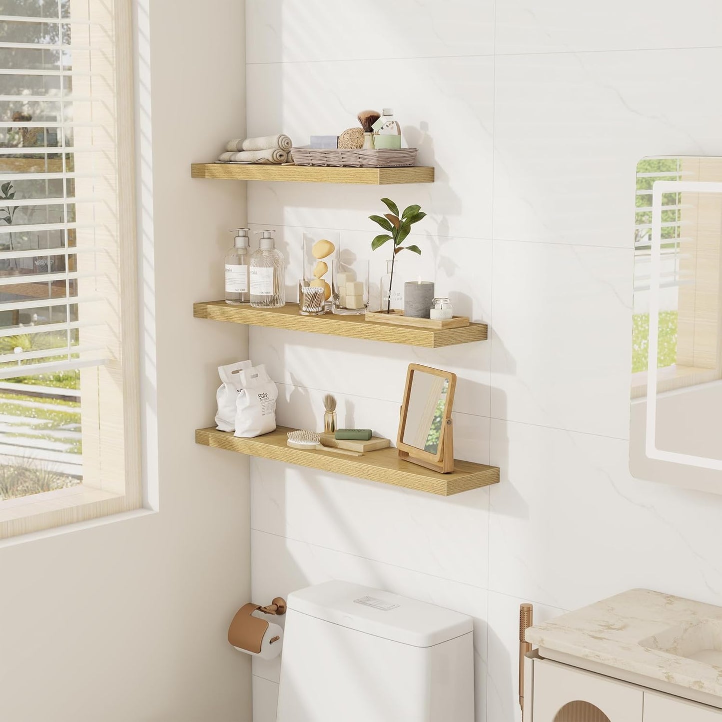 Fun Memories 32 Inch Floating Shelves Wall Shelf Set of 3, Rustic Farmhouse Home Decor Kitchen Living Room Shelves Wall Mounted, 32 x 6.7 x 1.4 Inch, Oak Color