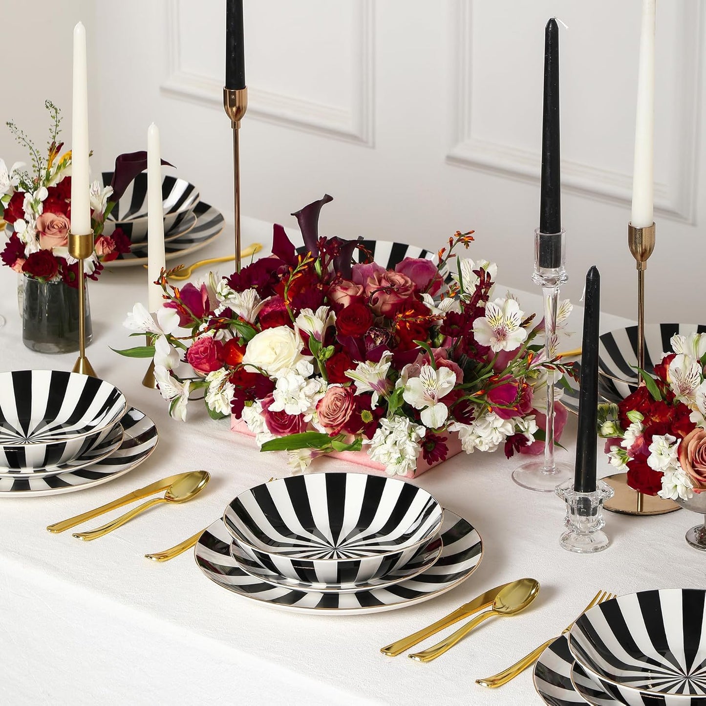 Christian Siriano Empire Porcelain Dinnerware, 24-Piece Plates and Bowls Set, Black and White Dish Set for 8, Gold Trim, Hand Wash Only