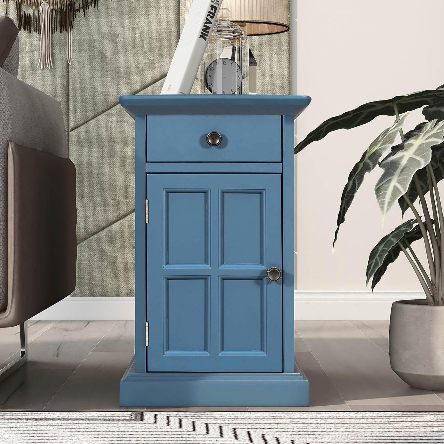 Traditional Wood End Table with Charging Station, Modern Vintage Sofa Chair Side Table Nightstand with Storage & Drawer for Living Room Bedroom, No Assembly, Antique Navy