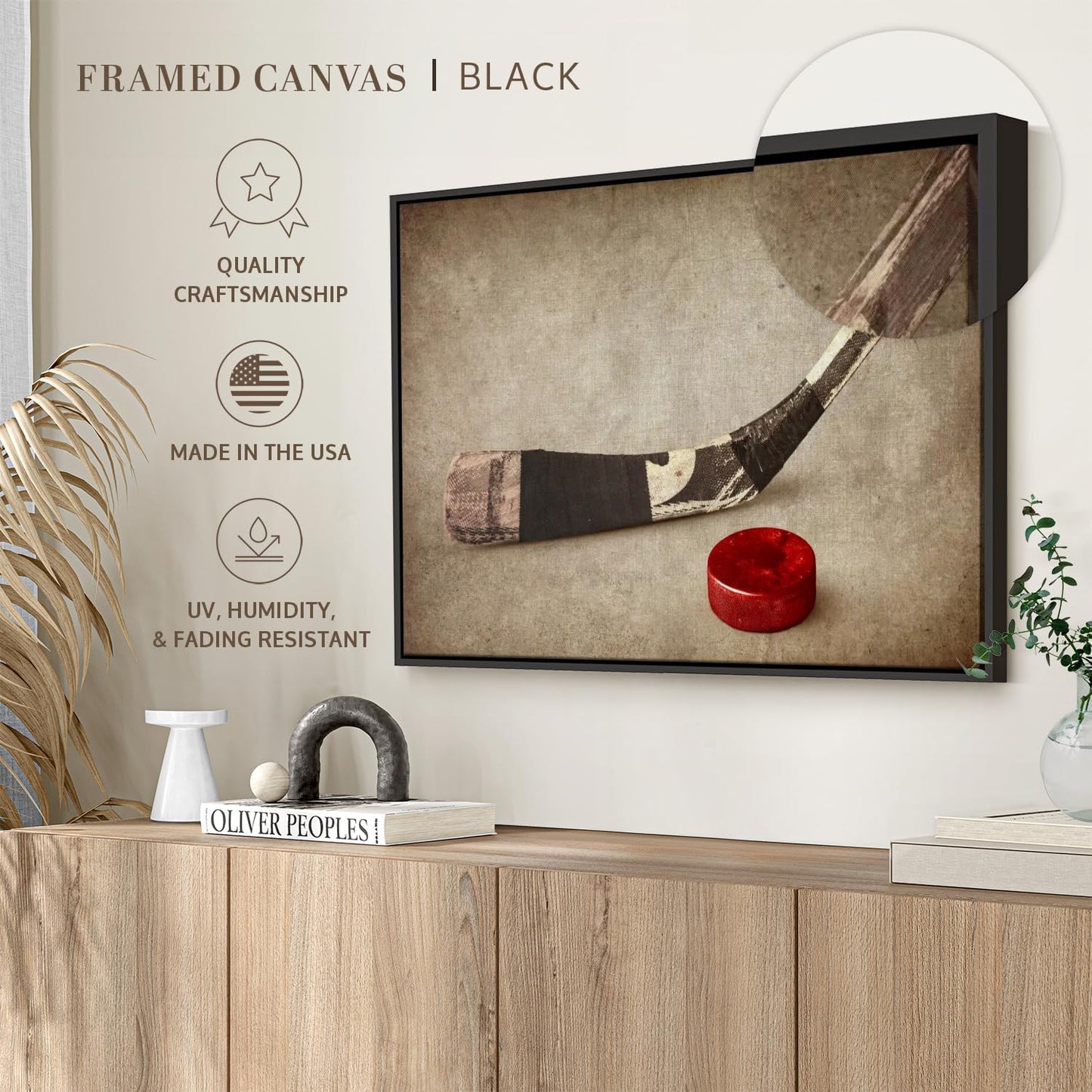 Elephant Stock Vintage Ice Hockey Wall Art - Horizontal Framed Canvas - 1-Piece Hallway Wall Decor - Photography Sports Canvas Print - Brown and Beige Decor for Wall - 43" X 29"