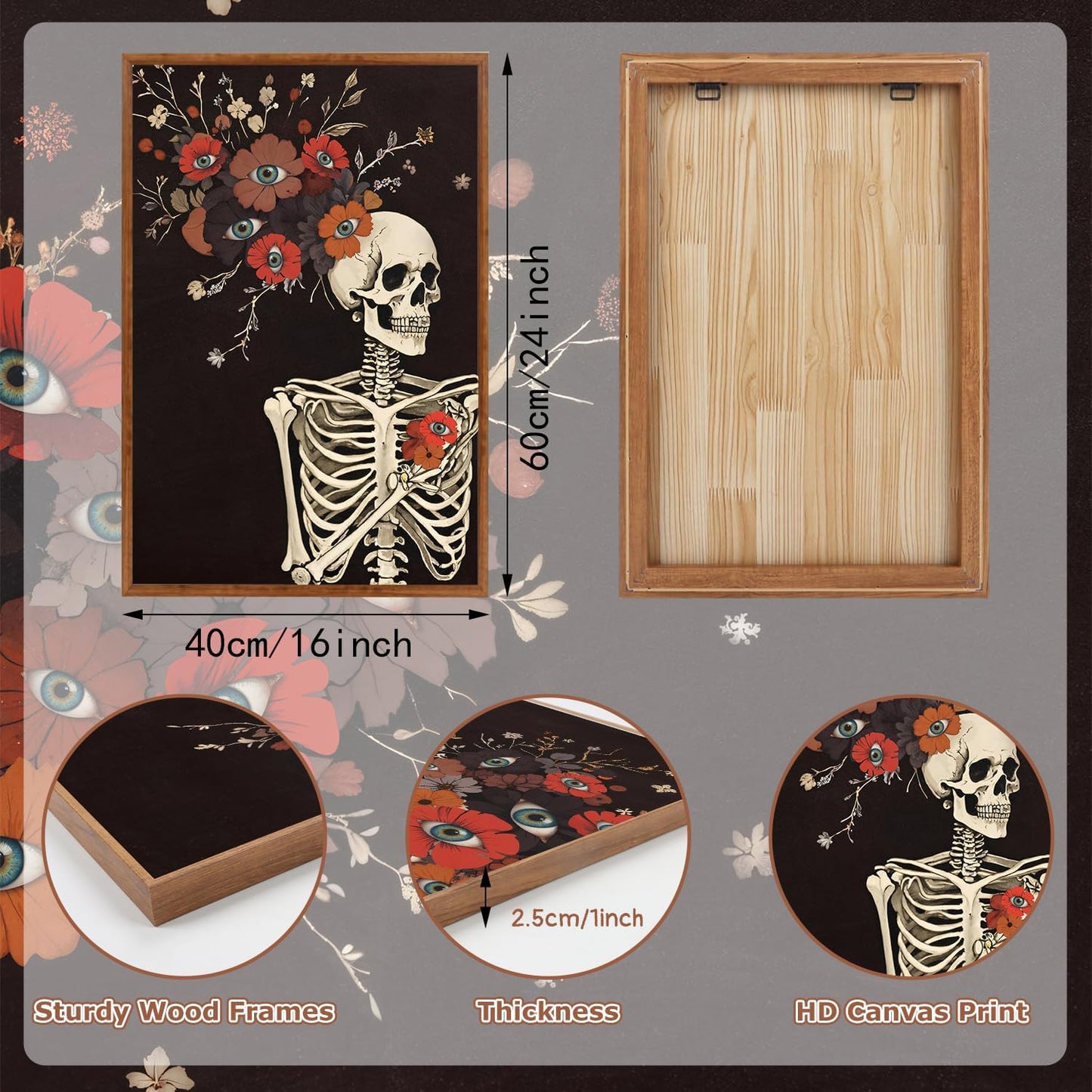 KAIRNE Gothic Skull Wall Art,Halloween Skeleton Canvas Set of 3(16”x24”),Scary Skull Painting,Horror Floral Botanical Prints,Romantic Spooky Halloween Wall Art for Living Room Bedroom Goth Party Decor