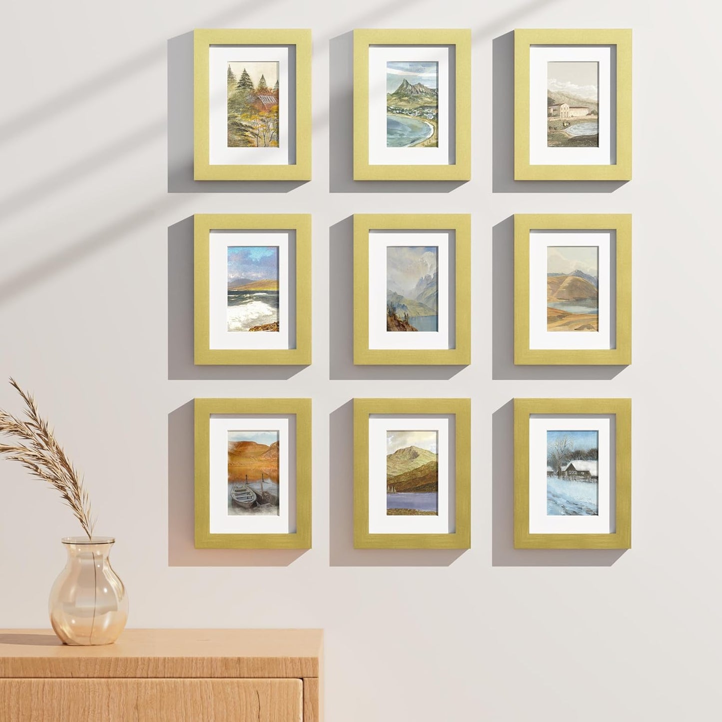 Vittanly 6x8 Picture Frames Set of 9, Shatter Resistant Plexiglass, Display 4x6 Pictures with Mat or 6x8 without Mat, Photo Frames for Wall or Tabletop, Engineered Wood, Gold
