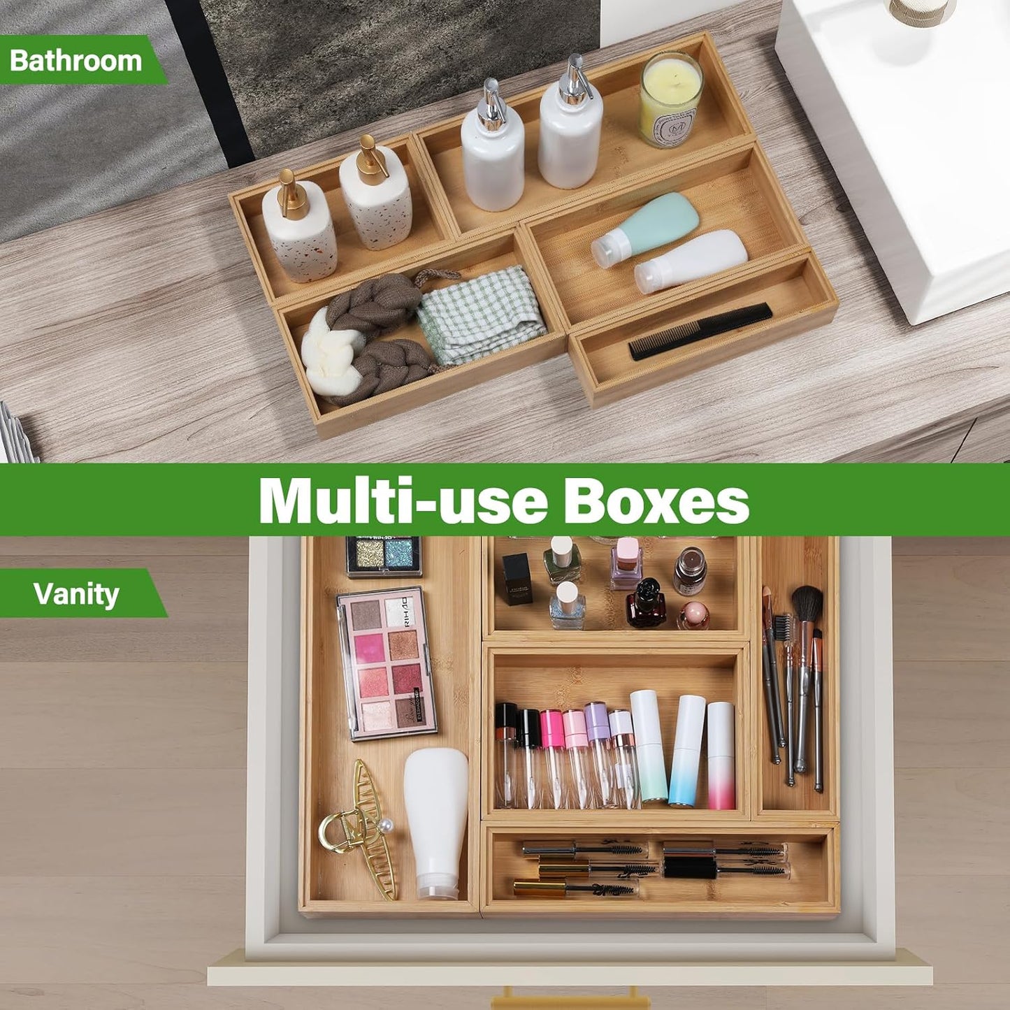 Bamboo Drawer Organizer, 2PCS Stackable Storage Boxes for Utensil Organizer, Wood Tray for kitchen, Bathroom and Bedroom 9" x 6" x 2"