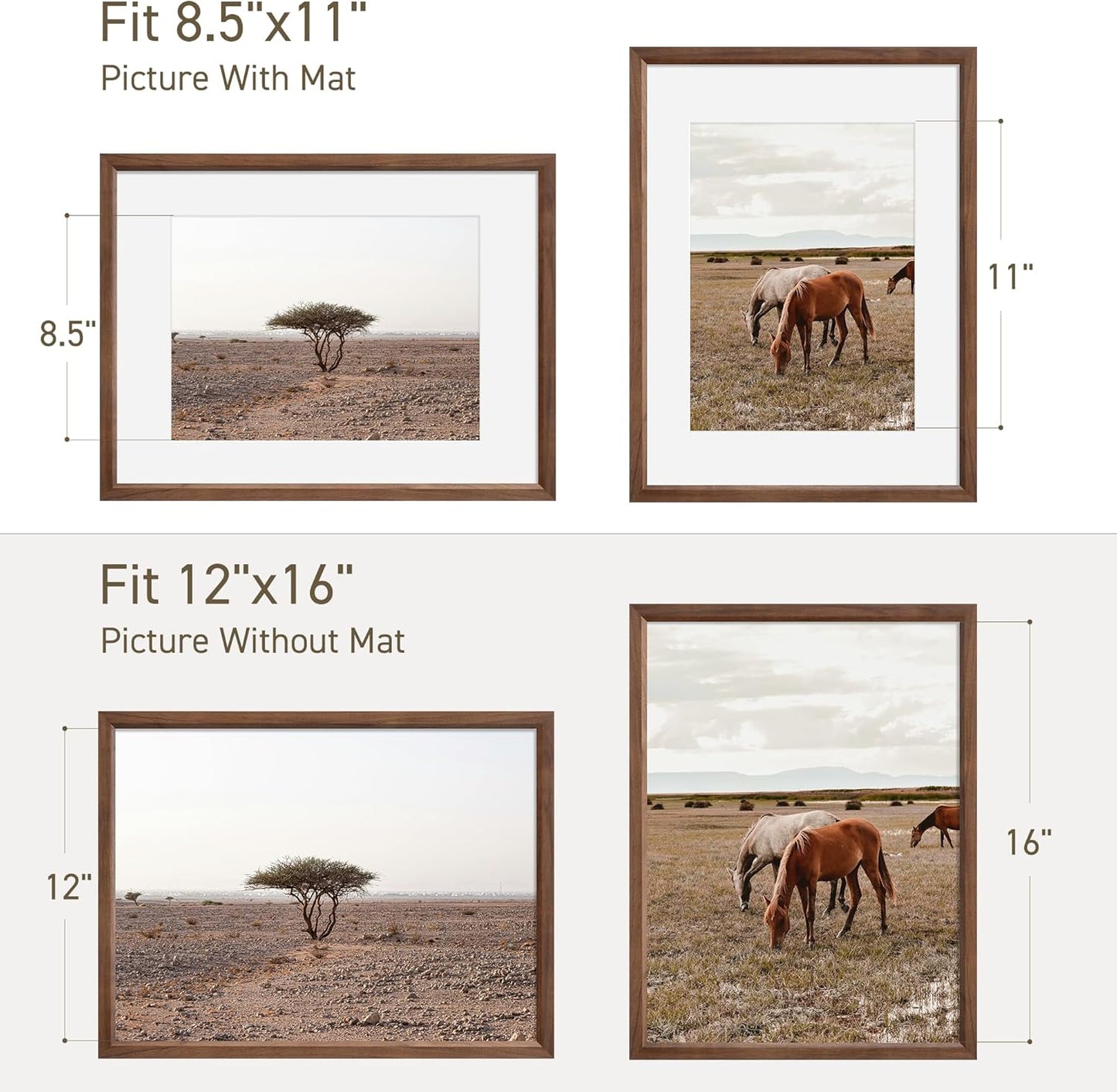 12x16 Picture Frame Set of 4 Natural Solid Walnut Photo Frames with 8.5x11 Removable Mat Wall Hanging Large Handcrafted Frame with HD Plexiglass Wall and Tabletop Display Large Poster Frame