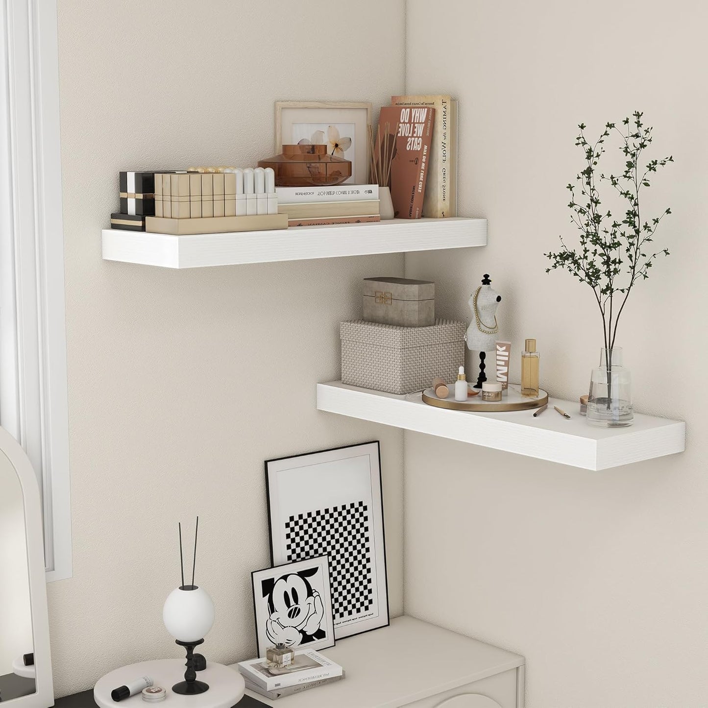 Deep Floating Shelves, 12'' Deep Rustic Large Floating Shelves Set of 2, White Shelves for Wall 36 Inches Long, Wood Shelves for Living Room Laundry Room Bedroom Kitchen Home Office - White