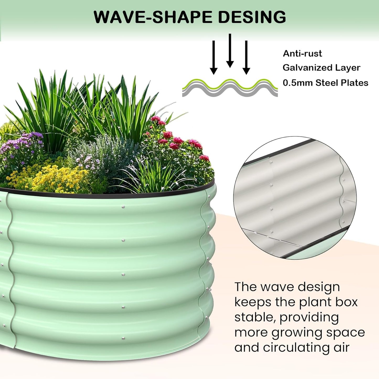 2 Pcs 6x3x1.5ft Oval Raised Garden Bed, Galvanized Raised Beds,Open-Ended Base Metal Raised Planter Beds,Garden Bed Outdoor,Planter Raised Boxes for Vegetables, Flowers,Tool-Free Asse,Green