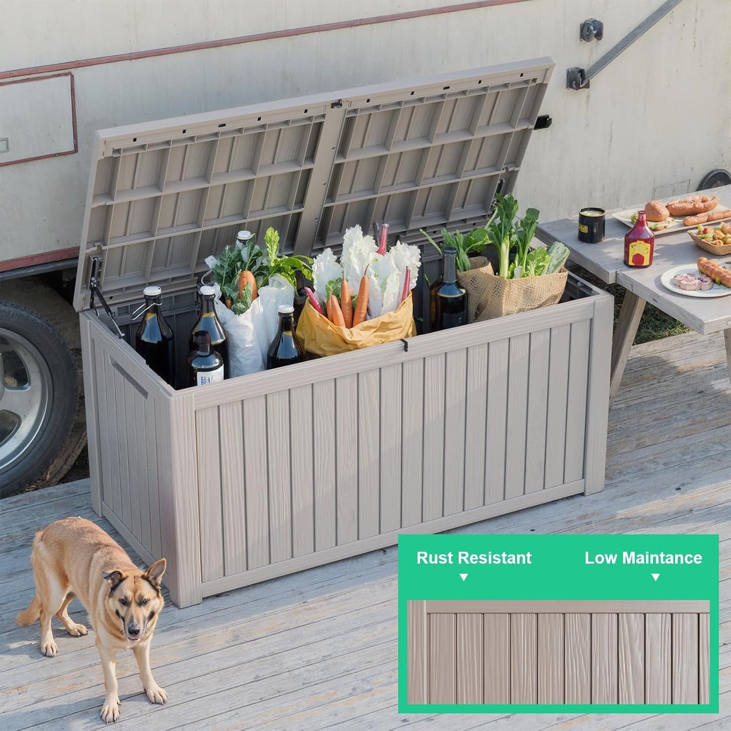 180 Gallon Resin Deck Box, Lockable Patio Outdoor Storage Box for Furniture, Garden Tools and Tools Storage, Waterproof Outside Storage Boxes - Grey