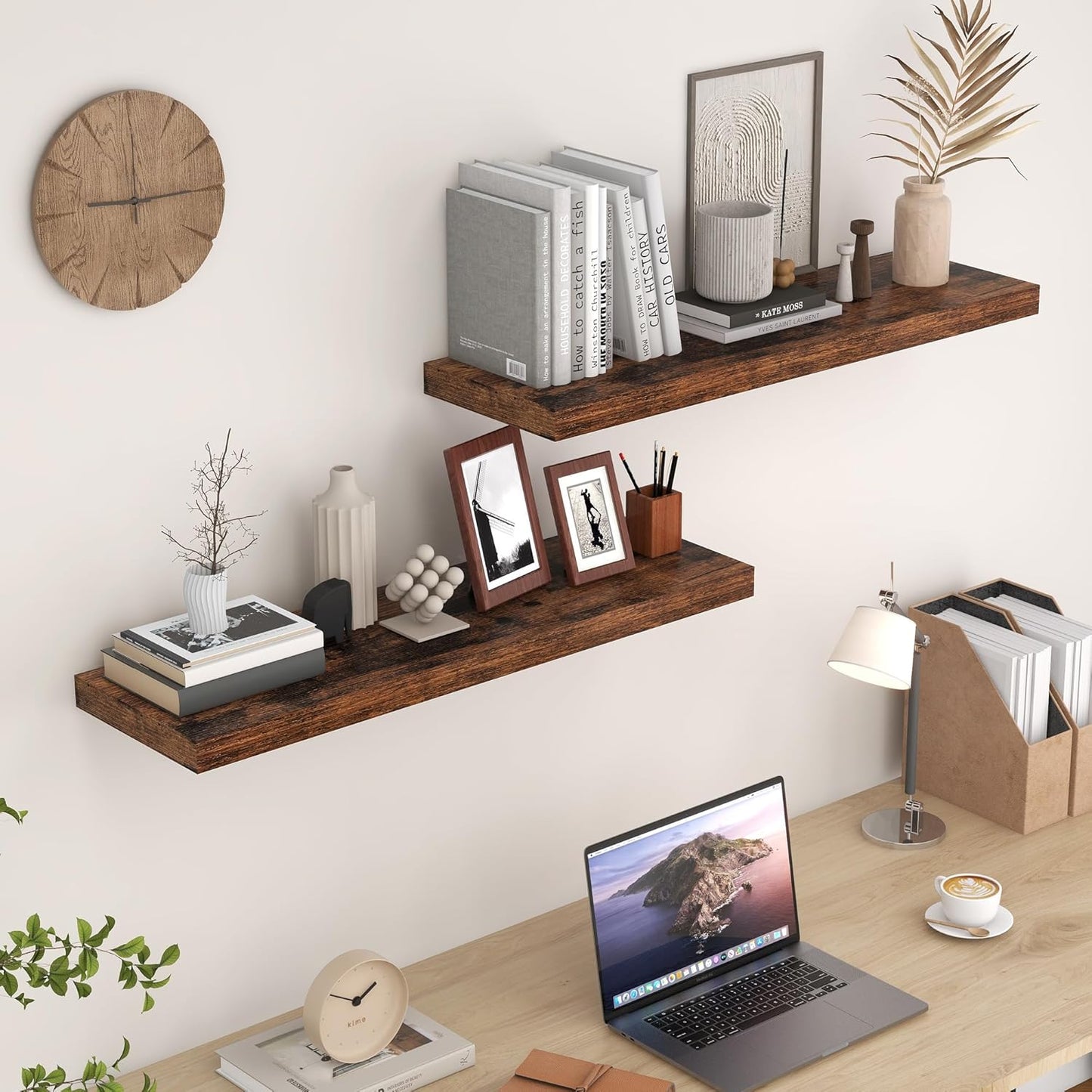 Fun Memories Rustic Wood Floating Shelves for Wall, 36 x 9 Wall Shelves Set of 2, Deep Floating Shelf for Kitchen, Living Room Storage & Display, Deep Wooden Bookshelf, Rustic Brown Color