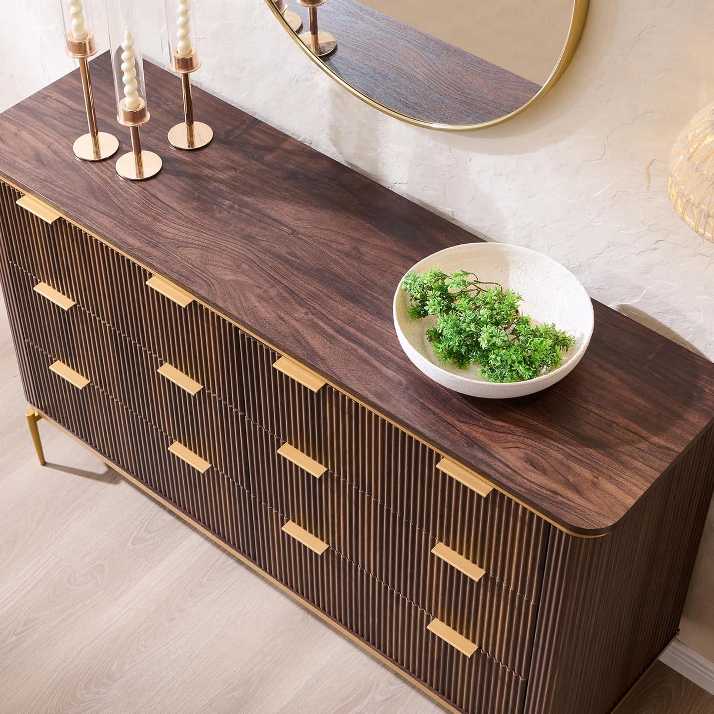 T4TREAM Fluted 6 Drawers Dresser for Bedroom, 54" Wide Modern Dresser TV Stand, Gold Accents, Fluted Fronts, Wood Storage Dressers Organizer for Bedroom, Living Room, (Dark Walnut)
