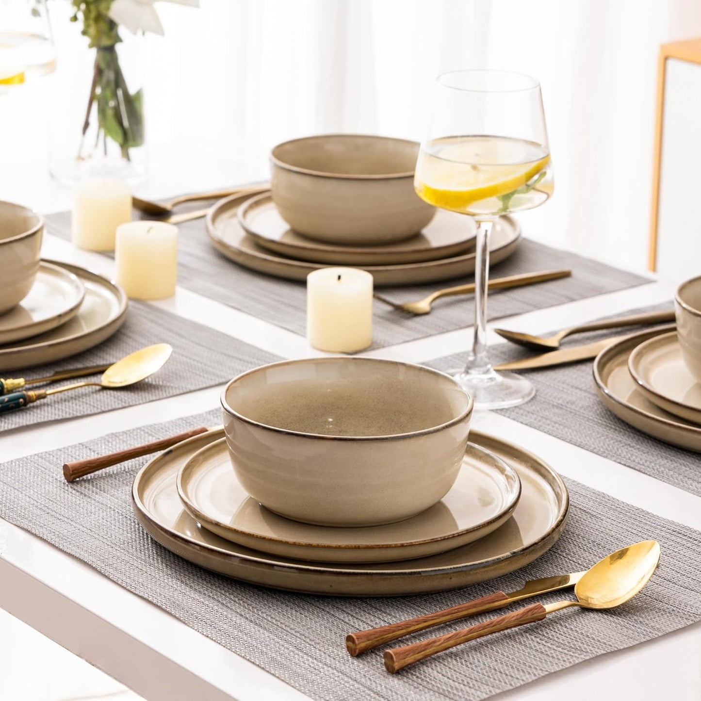 GBHOME Ceramic Dinnerware Sets for 4, 12 Pieces Stoneware Plates and Bowls Sets, Scratch Resistant Dishes, Dishwasher & Microwave Safe, Reactive Glaze-Cappuccino