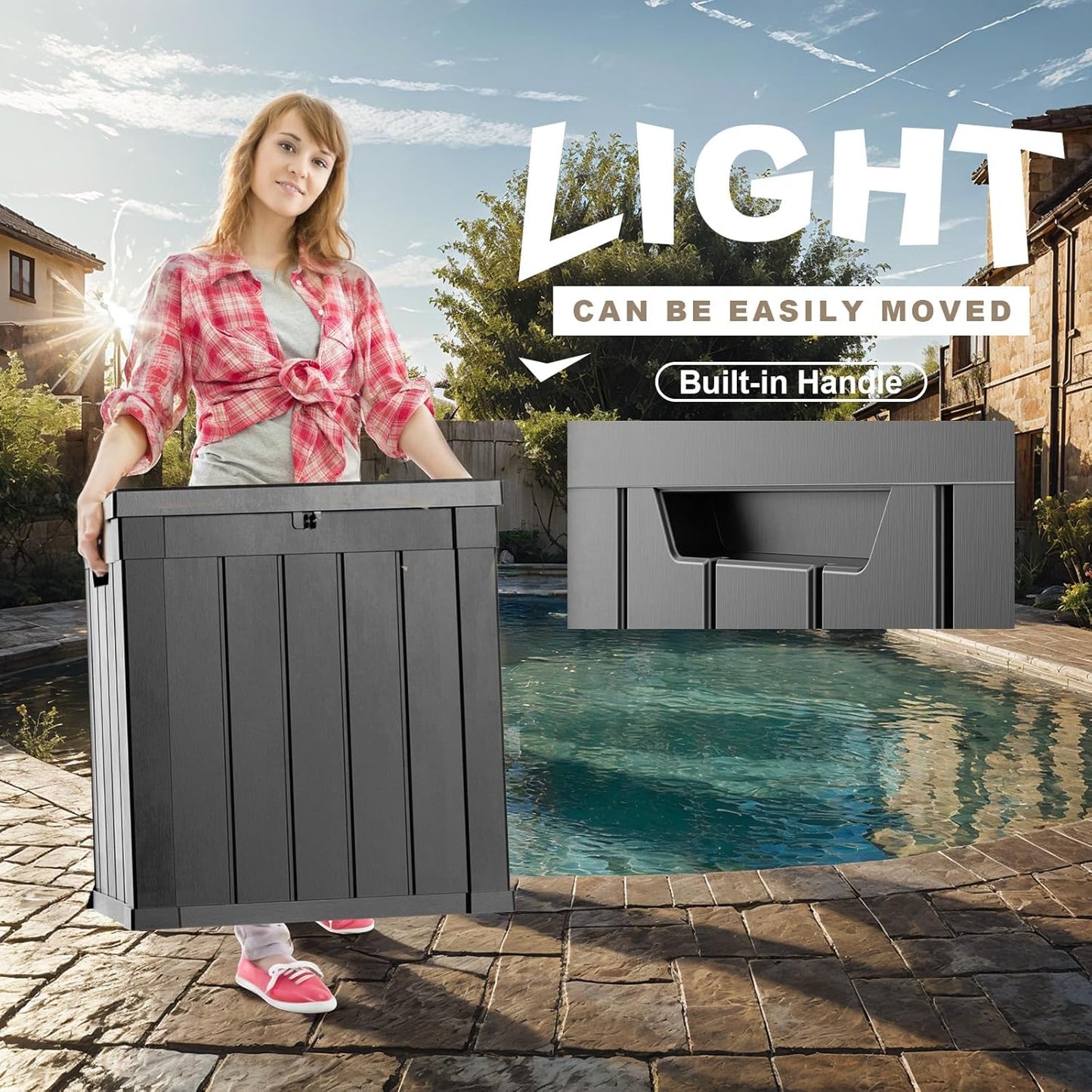 51 Gallon Resin Deck Box, Lockable Patio Outdoor Storage Box for Furniture, Garden Tools and Tools Storage, Waterproof Outside Storage Boxes - Black