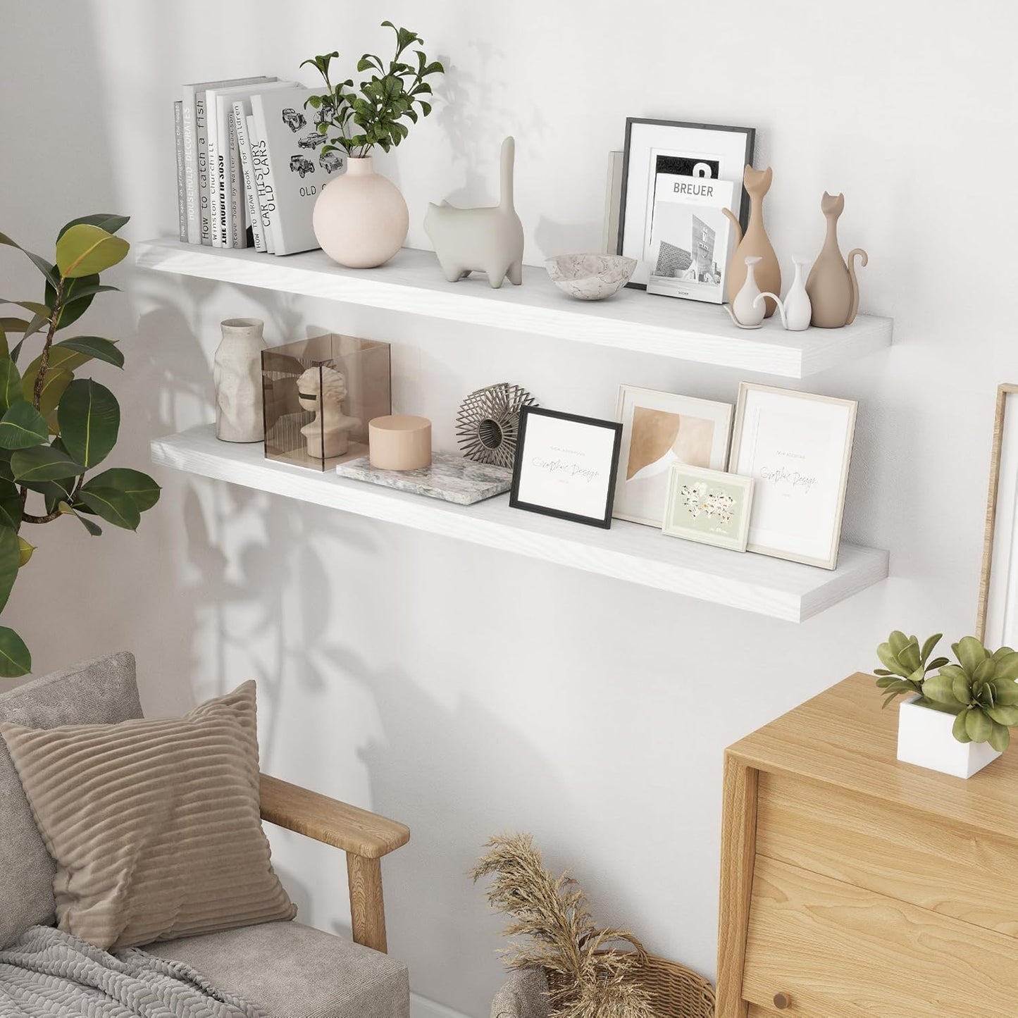 55 Inch Floating Shelves White, Rustic Wood Floating Shelf Wall Mounted, 9 Inch Deep Floating Shelf for Kitchen, Bedroom, 55 x 9 Wall Shelves for Home Storage, Set of 1