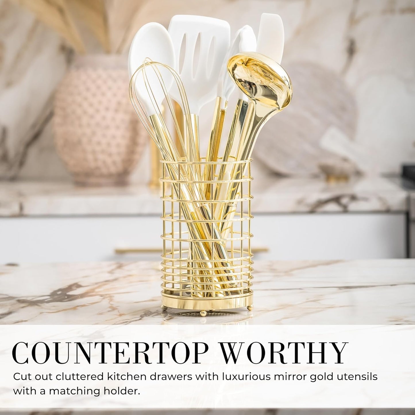 Styled Settings White and Gold Kitchen Utensils Set - 15-Piece BPA free, Non-Scratch, Utensils Set Includes White Silicone Cooking Utensils and Measuring Cups and Spoons