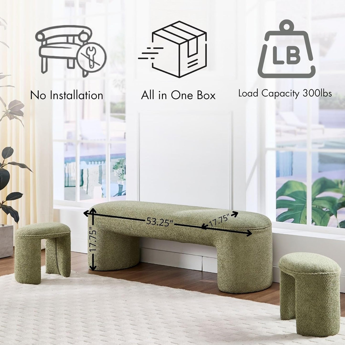 3-Piece 53" Comfy Upholstered Dining Bench with 2 Ottomans, Accent Waterfall Bench Modern End of Bed Entryway Bench Vanity Stool, Green Chenille