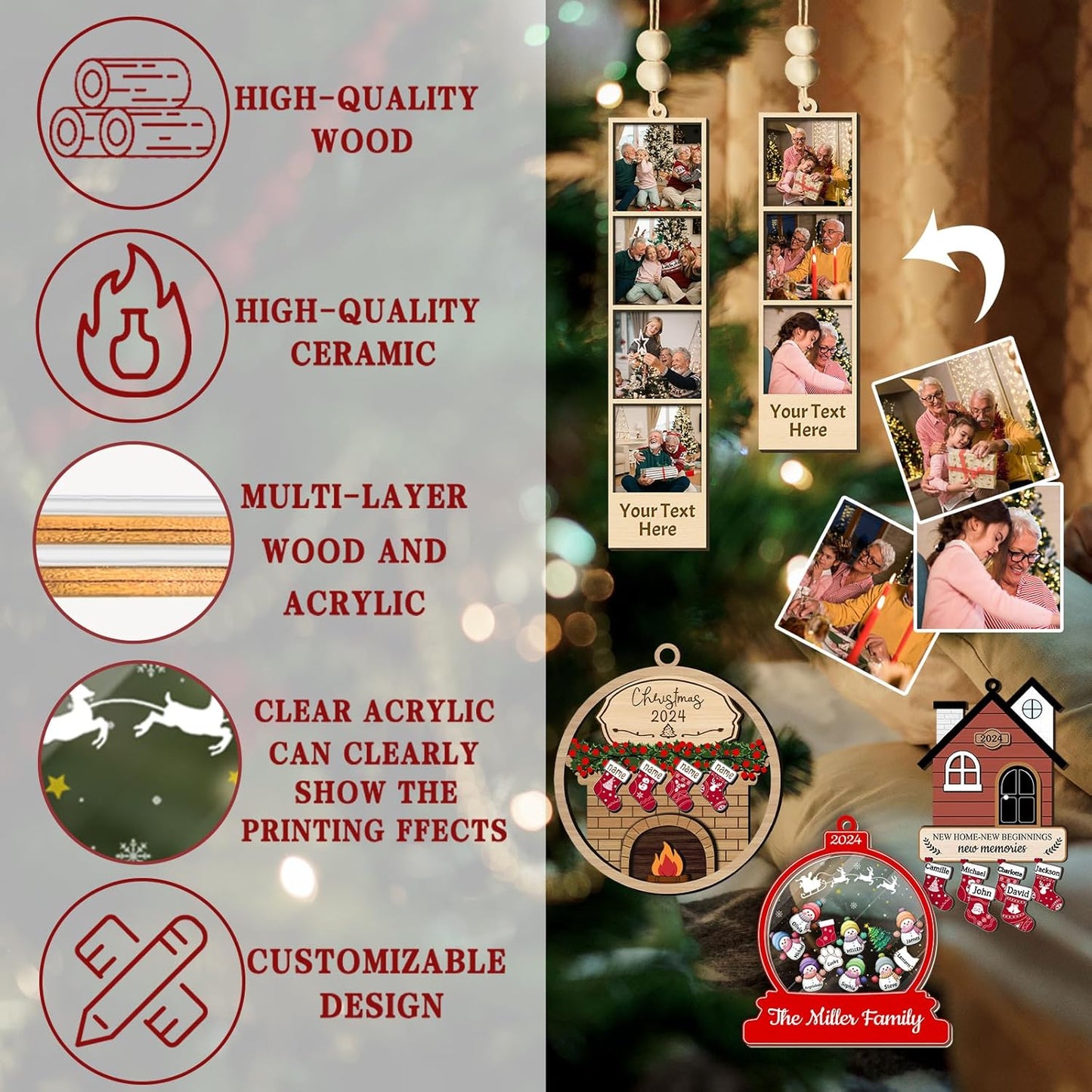 Personalized Christmas Ornaments with Names of 2/3/4/5/6/7/8 Custom Family Ornament Customized Xmas Tree Hanging Wood Decoration Gift Red Fireplace