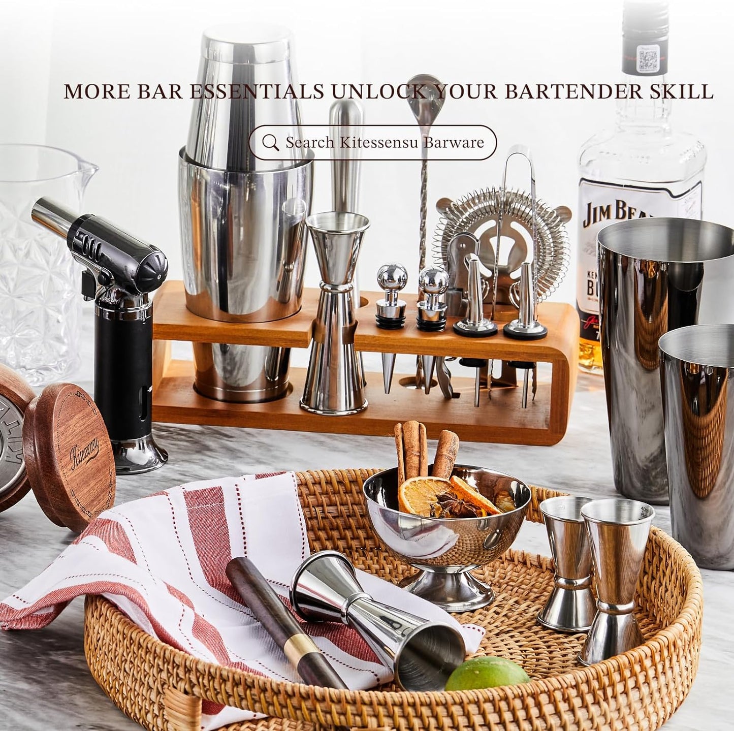 KITESSENSU Cocktail Shaker Set Bartender Kit with Stand - Drink Mixer Bar Set with All Essential Bar Accessory Tools - Martini Shaker Jigger Strainer Mixer Spoon Muddler Liquor Pourers - Rose Gold
