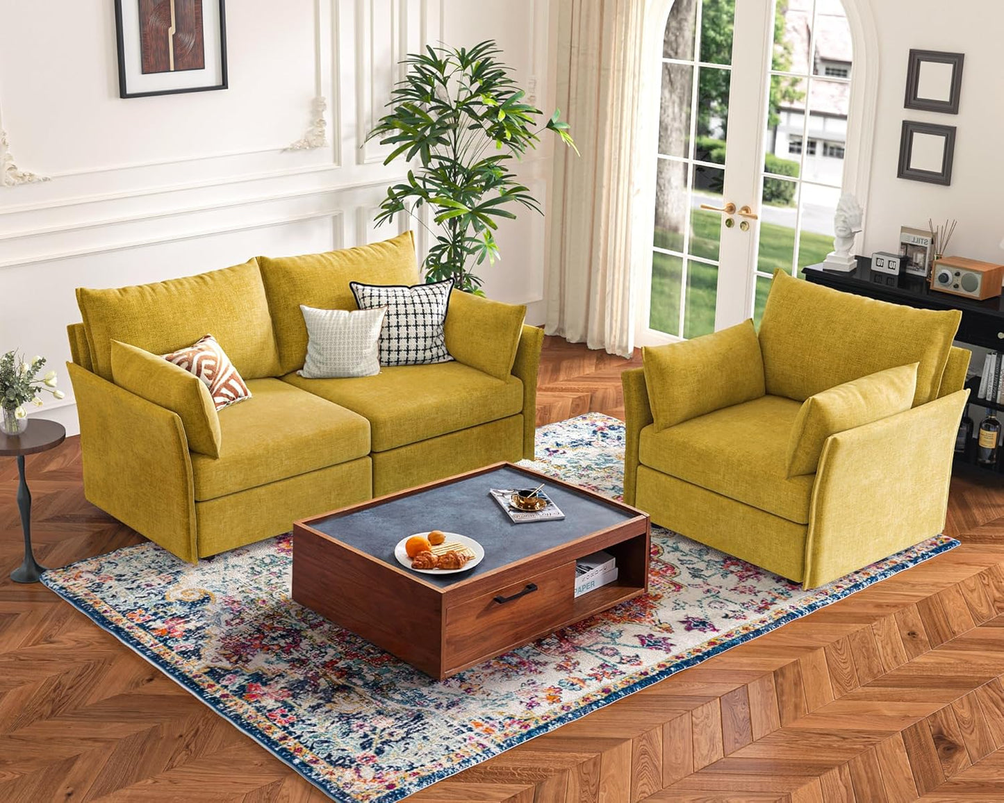 135.5" Oversized Modular Sectional Sofa, L Shaped Convertible Couch with Movable Ottoman, 5 Seat Corner Couches for Living Room Deep Seat Yellow Chenille