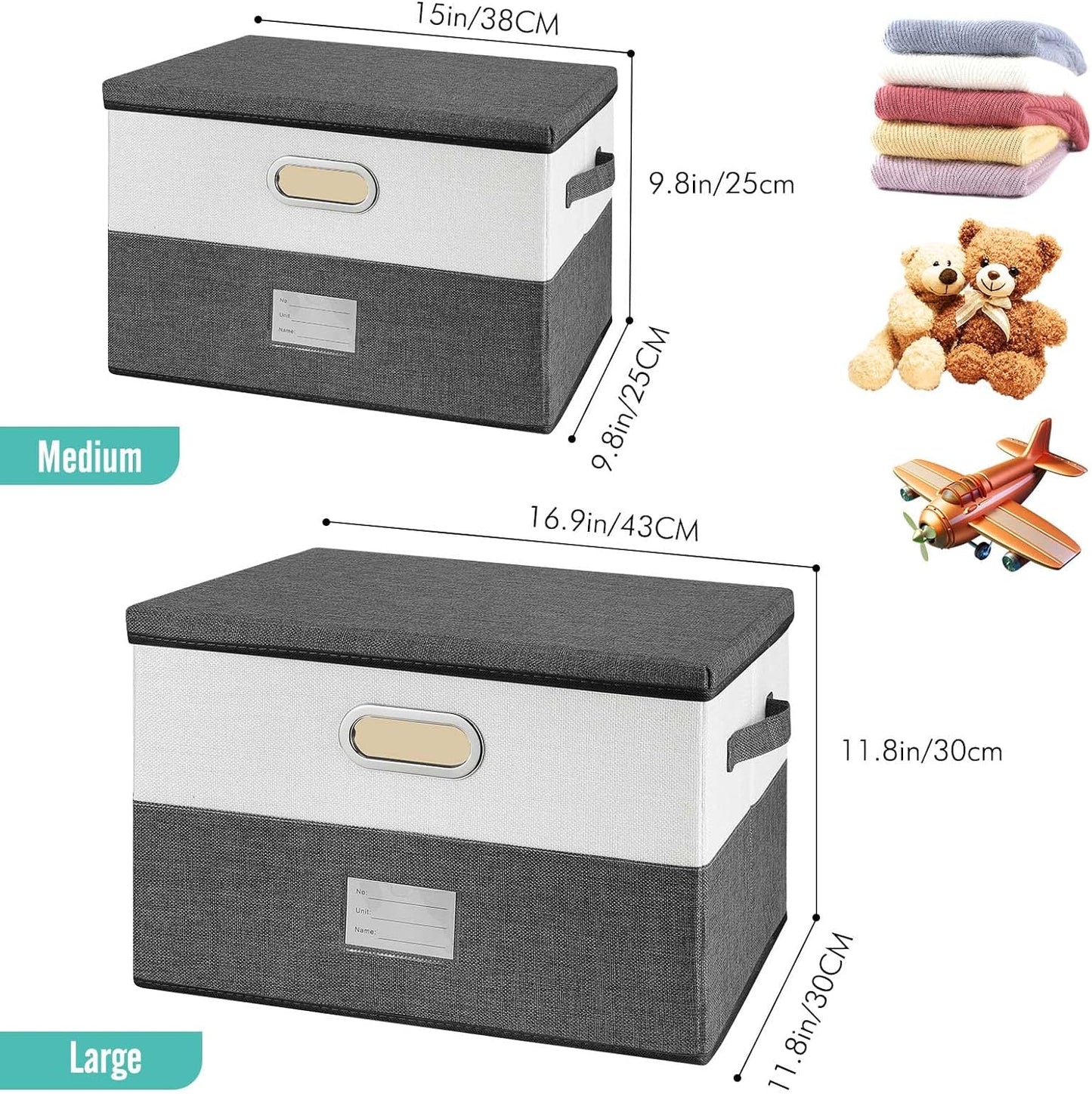 Large Linen Fabric Foldable Storage Bins with Removable Lid and Handles, Washable Storage Box Organizer Containers Baskets Cube with Cover for Bedroom,Office (Grey&Cream, Medium(2-Pack))